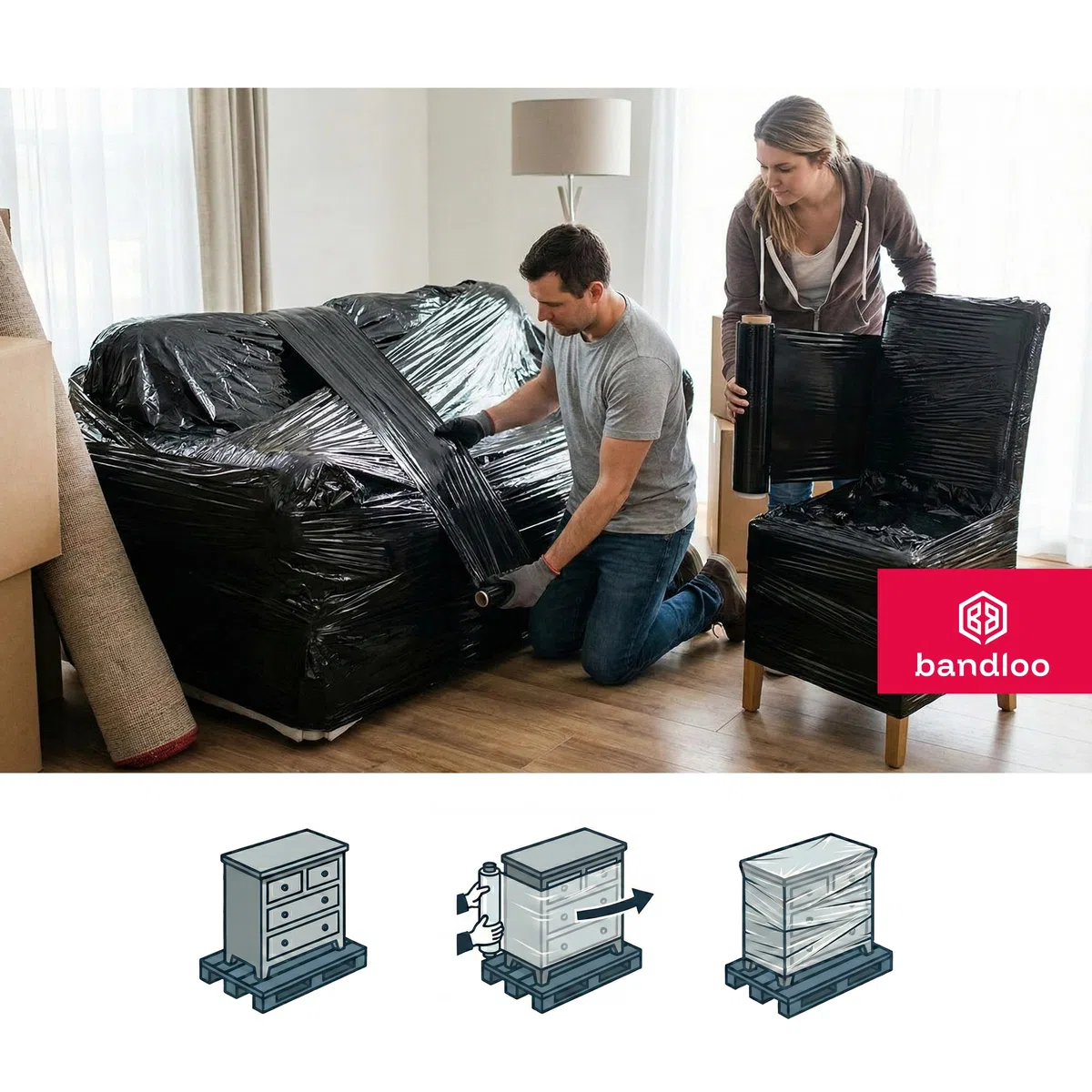 Lámina elástica negra para embalar, lámina para muebles, lámina opaca y lámina de embalaje para envíos y mudanzas, 6 rollos de lámina elástica a mano, 50 cm, 2,5 kg