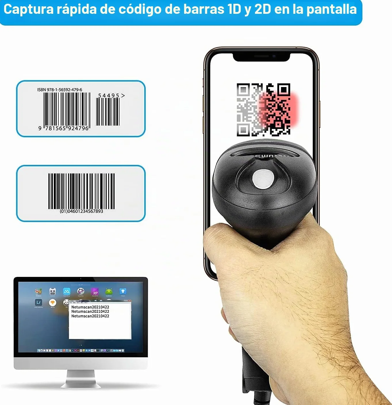NetumScan - Lector de códigos de Barras 2D - Lector/Imager de códigos de Barras QR portátil (PDF417, QR, Data Matrix) con Cable USB para PC, Mac, portátiles y NSL5