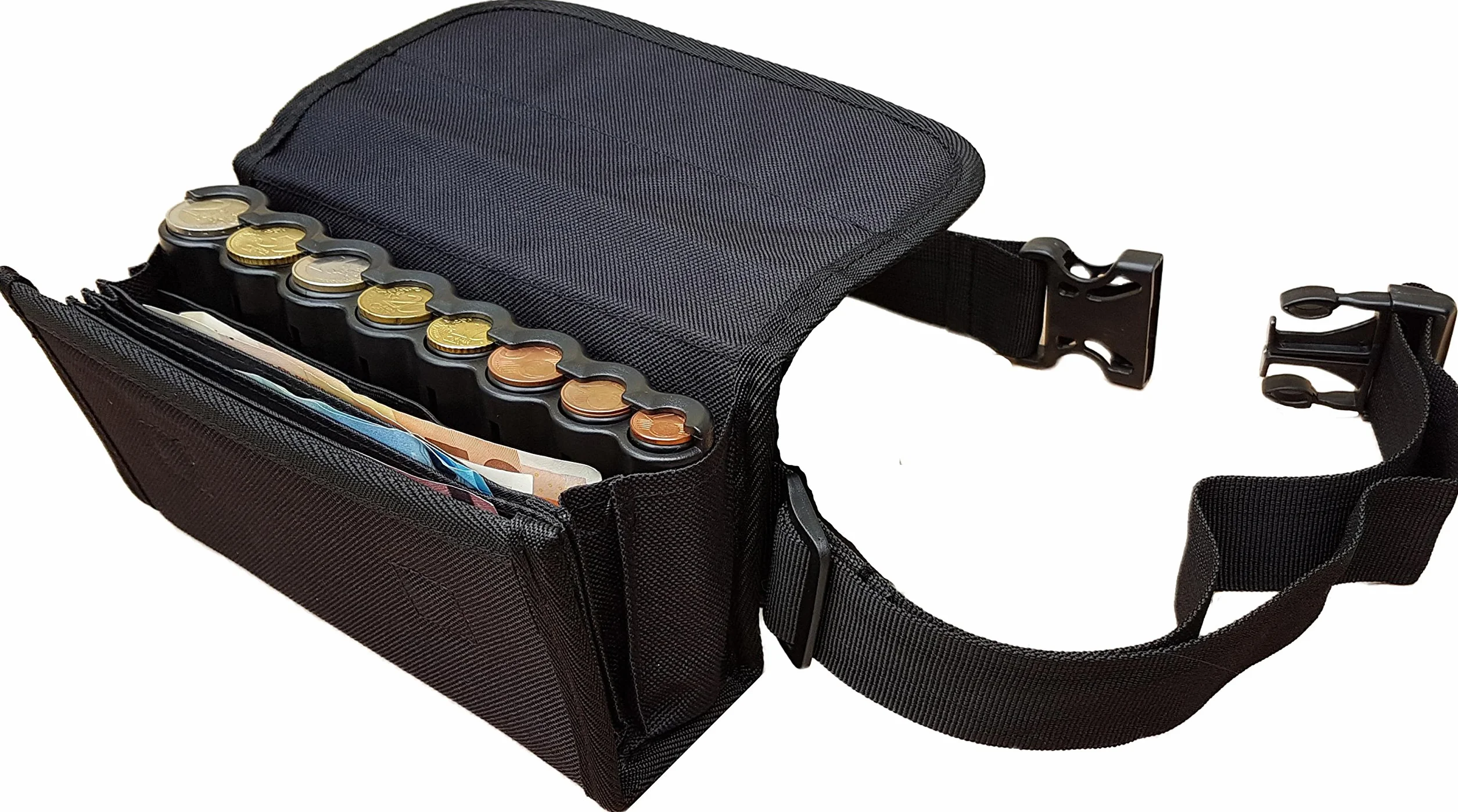 Riñonera de Camarero de Lona Negra con Dispensador para Monedas de Euros, Cierre Magnético