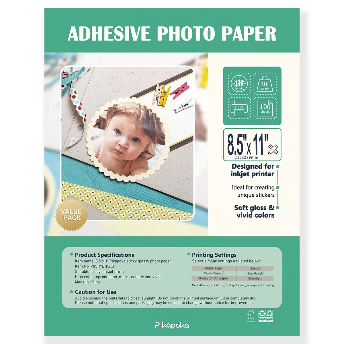 Papel fotográfico autoadhesivo de 8.5 x 11 pulgadas, adhesivo fotográfico brillante para impresora de inyección de tinta, paquete de 100 unidades, 115 g/m² (P8511YB115AG)