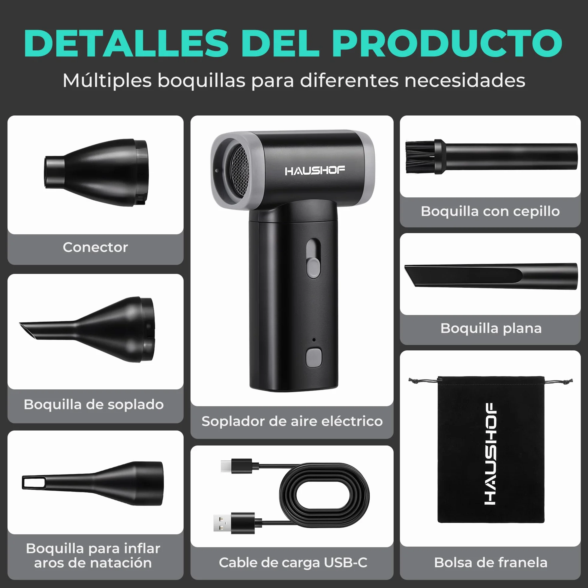 HAUSHOF Air Duster Eléctrico 110000 RPM, USB-C Recargable y con Control de Velocidad Ajustable, Ligero y Portátil para Limpieza de PC, Teclado, Sofá, Coche y Exteriores