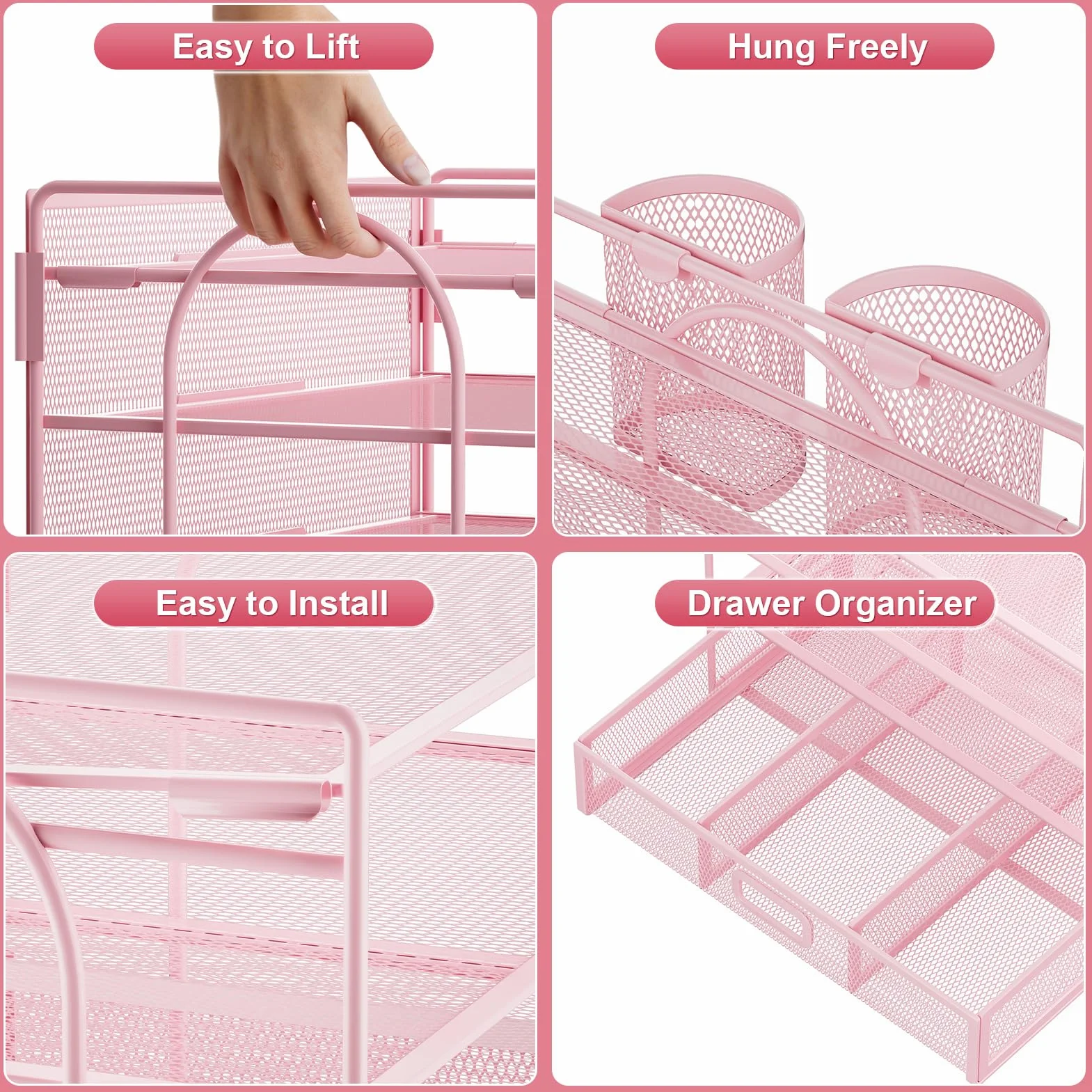Marbrasse Organizador Escritorio 4-Tire Bandejas Oficina Soportes Bolígrafos Rosa