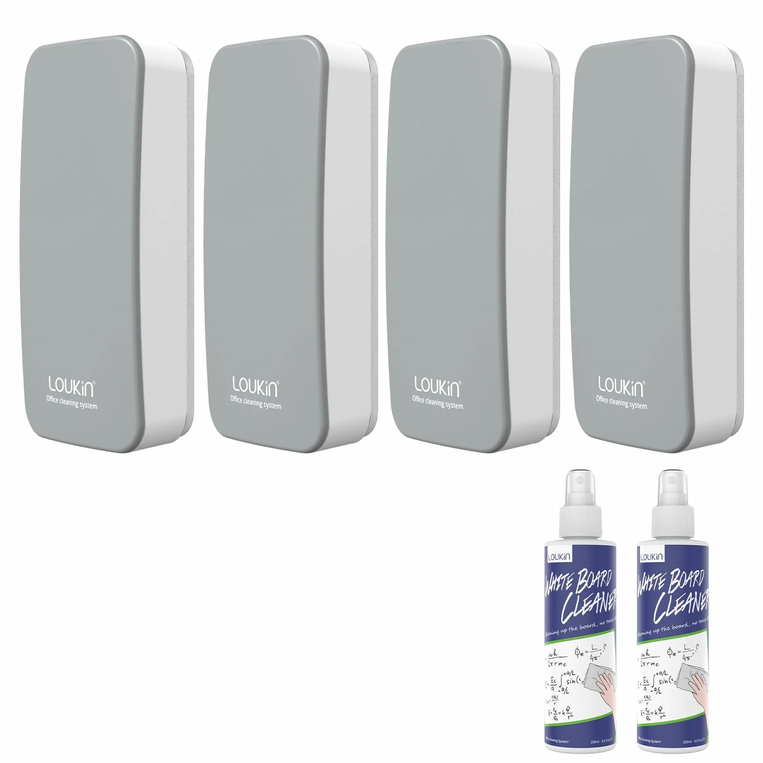 LOUKIN Borrador Magnético Seco para Pizarra Blanca 4 Unidades, Incluye 2 × 100 ml Limpiador, Gris