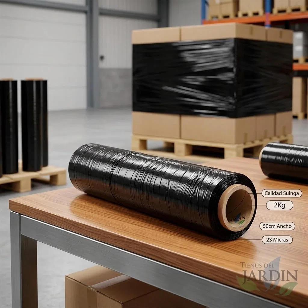 Suinga Pack 6 Film Estirable Negro para Paletizar 2 Kg | Ancho 50 cm | Espesor 23 Micras | Plástico Protector para Embalaje Industrial | Film de Envoltorio para Palets y Transporte de Mercancías