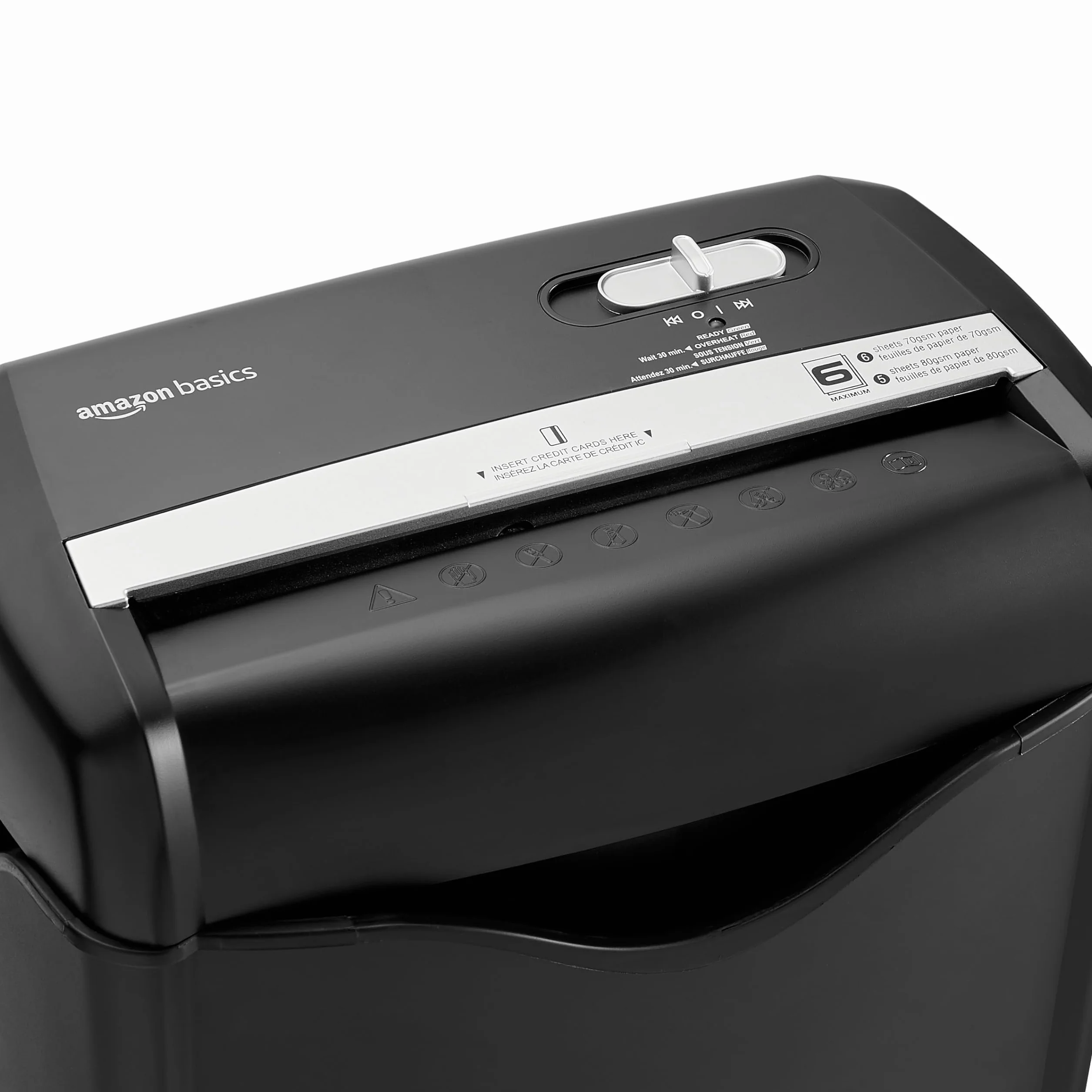 Amazon Basics Destructora de papel y tarjetas de crédito con recipiente separable, corte cruzado, capacidad de 5-6 hojas, Negro