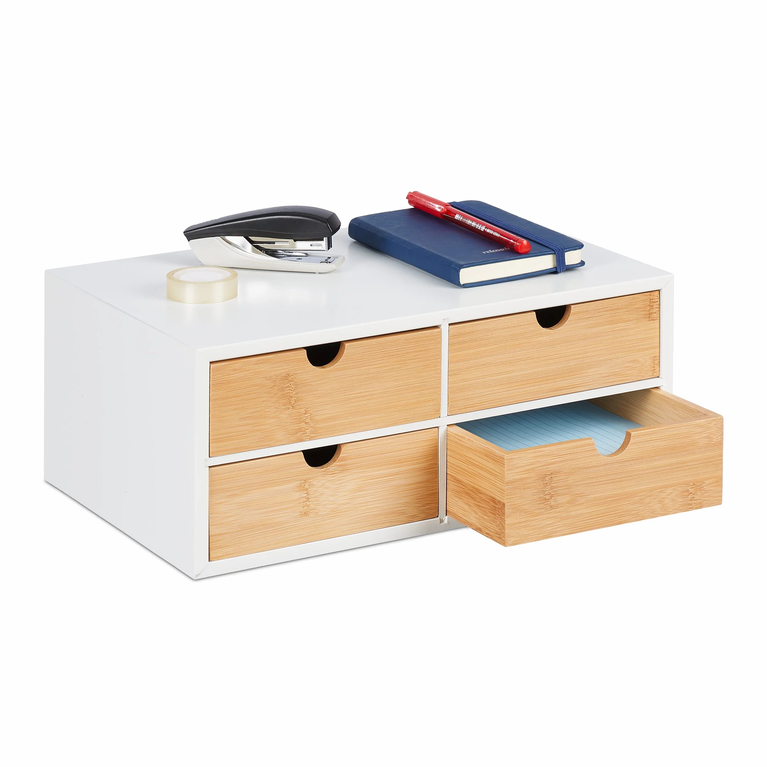 Relaxdays Organizador Escritorio 4 Cajones Bambú MDF 14x33xcm Natural Blanco