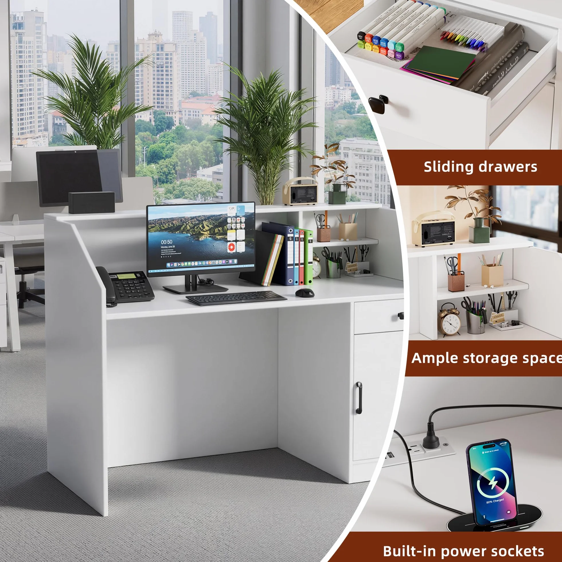 MSFE Mostrador Recepcion con LED,Mostrador de Recepción Grandes con Cajón Armario y Tomas de Corriente,Mostrador de Venta para Caja,Vestíbulo,Salón de Belleza,Oficina,Mueble de Recepción,140*60*110CM