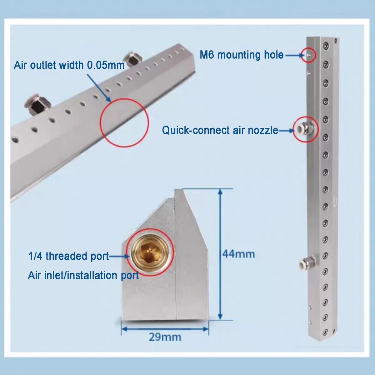 Soplador de cuchillo de aire, hoja de enfriamiento de secado de aire para producción industrial, herramienta de eliminación de polvo de aleación de aluminio, espacio de salida de 0.05 mm, compatible