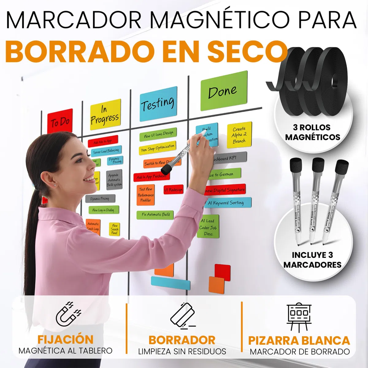741 Tiras Magnéticas Reescribibles - Set 5 Tamaños Diferentes | 6 Colores - Accesorios Scrum & Kanban - Imán Reescribible - Para Pizarras Magnéticas, Neveras