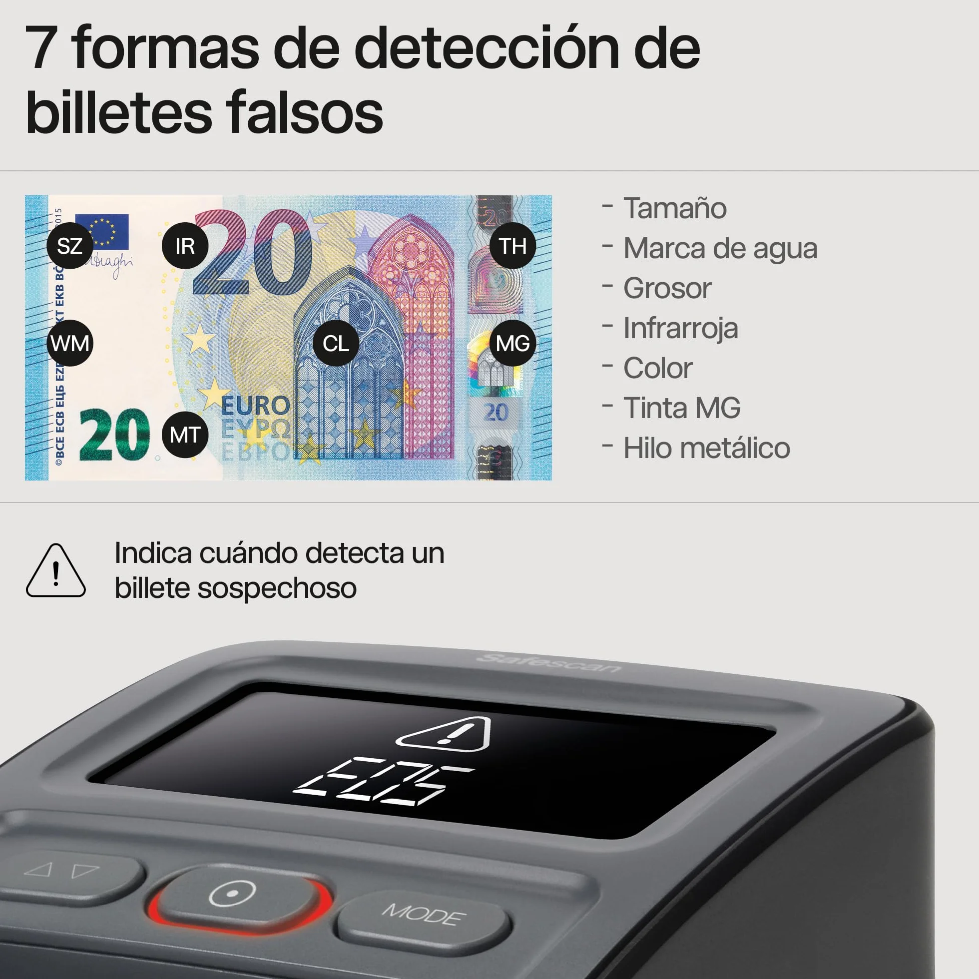 Safescan Detector de billetes falsos automático y portátil 155-SX para verificar rápidamente los billetes-Detector de billetes falsos con 7 puntos de detección -Detector de billetes falsos 100% fiable