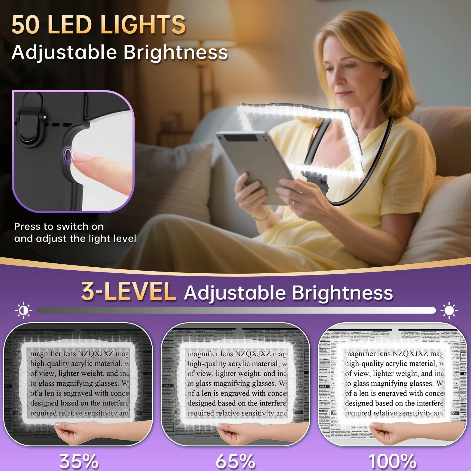 NZQXJXZ 10X Lupa con Luz, Lupa para Leer Libros con Manos Libres, Lupa Lectura de Página Completa con Cuello de Cisne Flexible para Costura, Reparación y Baja Visión, 27 x 20 cm