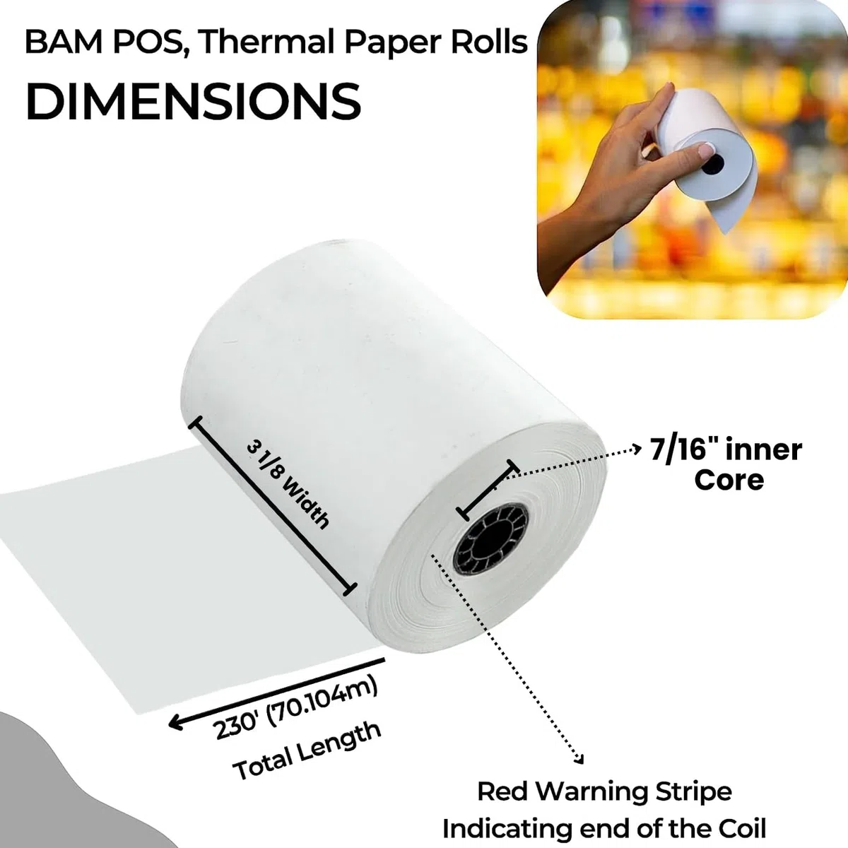 BAM POS - Rollos de papel térmico (50 unidades, 8,9 x 230 m), color blanco