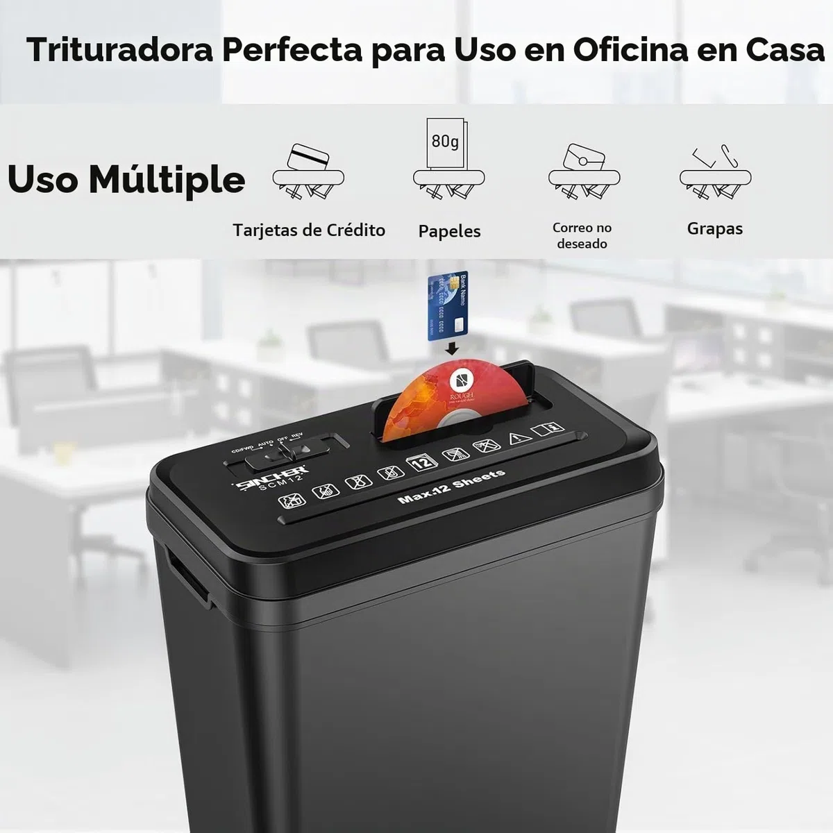Destructor de Documentos, Corte en Tiras de 12 Hojas, Destructor de CD/Tarjetas de crédito, con protección contra sobrecalentamiento, Papelera de 14 l para Oficina en casa