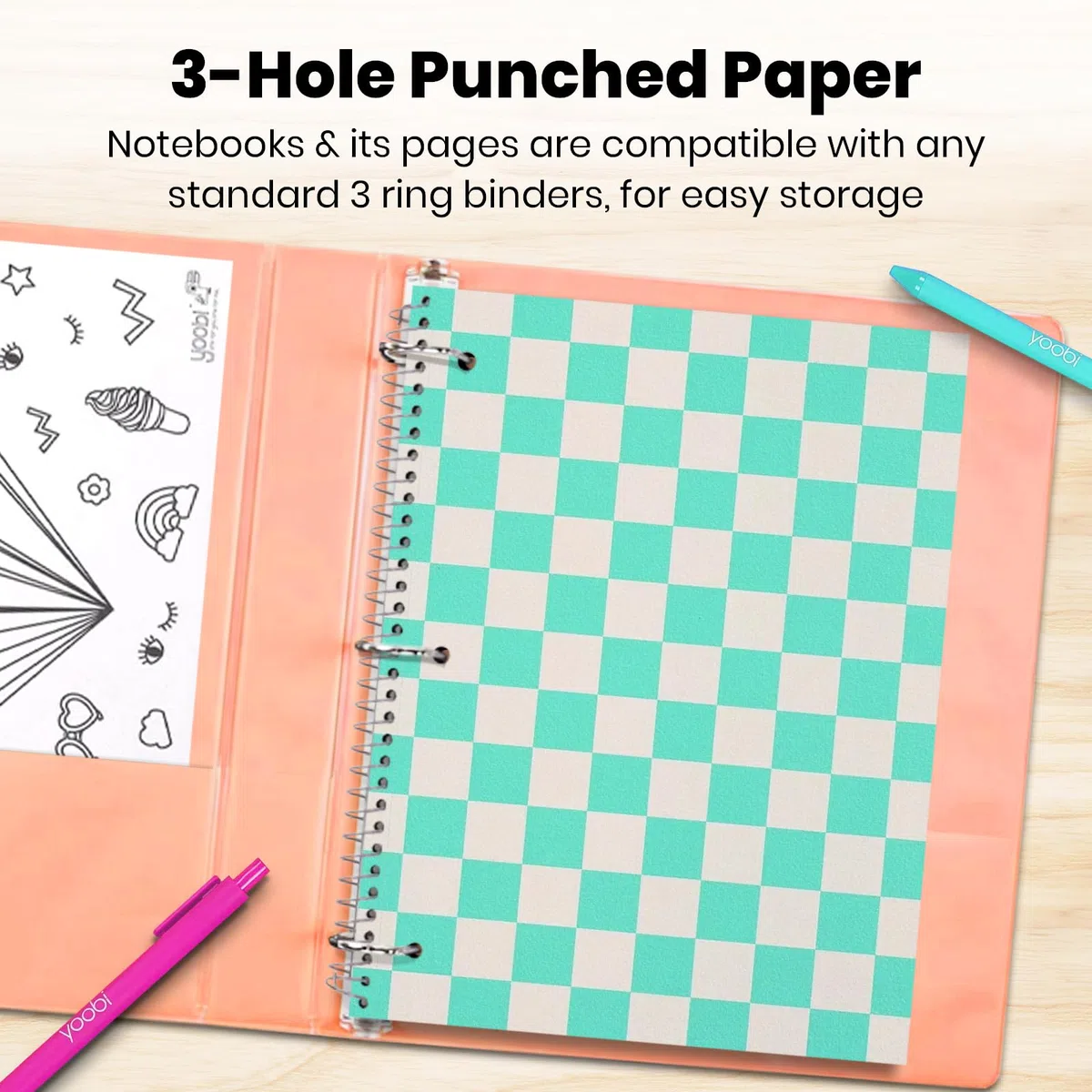 Yoobi Juego de cuadernos en espiral de rayas anchas, paquete de 3 cuadernos de 1 materia, diseños rosa brillante, azul y verde, 150 hojas perforadas de 3 agujeros cada una, para la escuela, la oficina