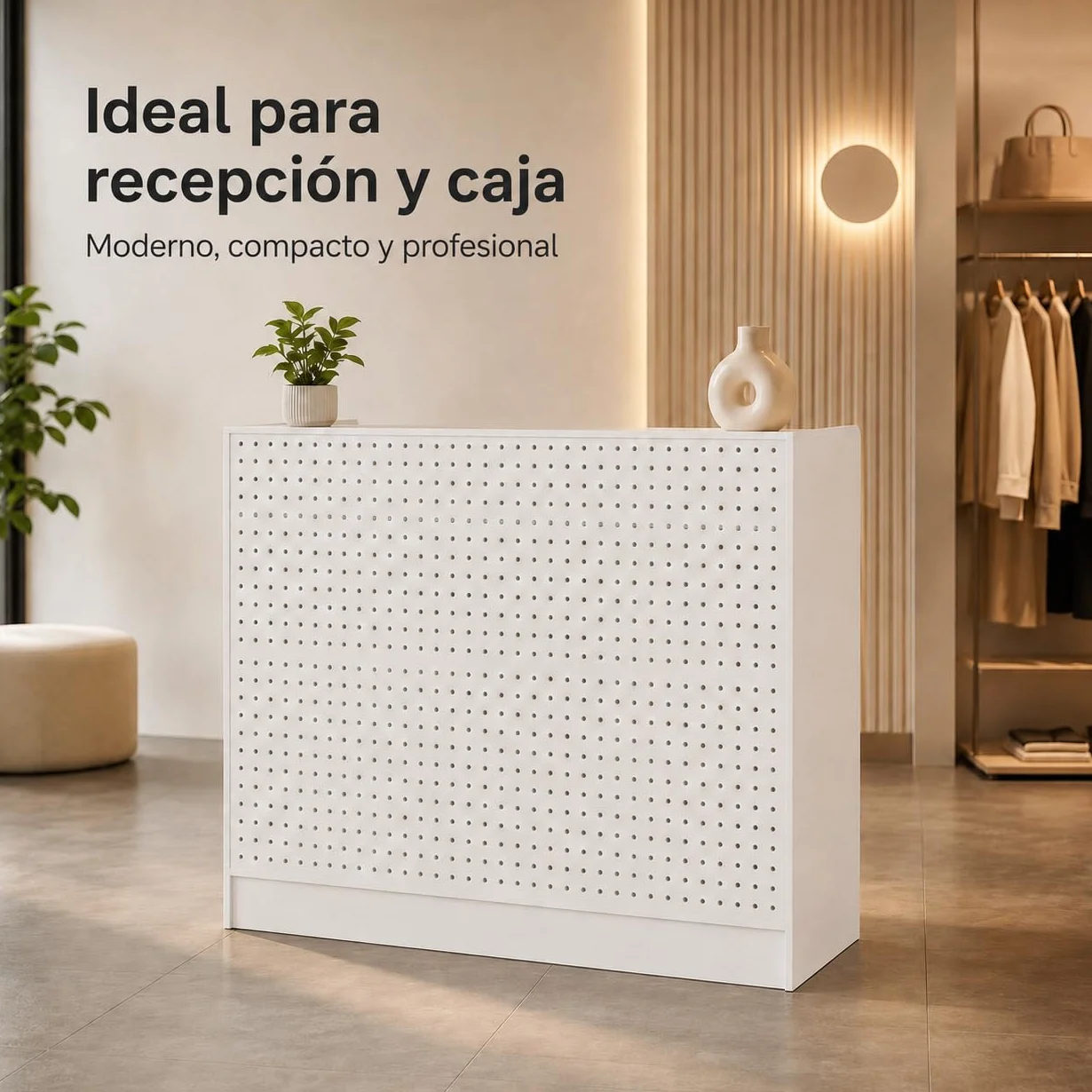 Mostrador de Recepción Blanco 120cm con Panel Perforado, Caja Registradora, 3 Estantes Ajustables, 2 Cajones con Llave, Puerta y Almacenaje, 120×110×50cm