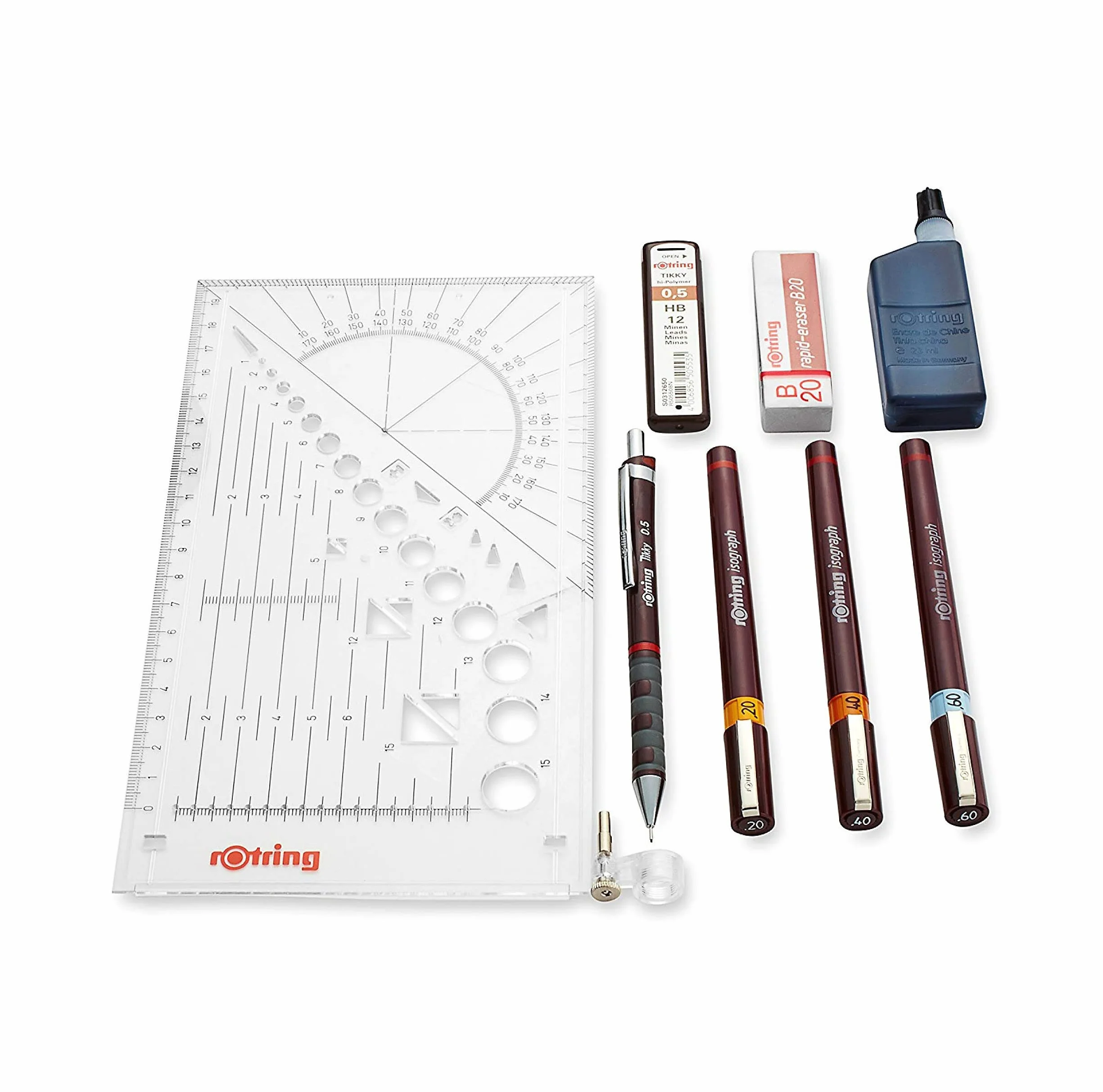 rOtring Isograph Set Universitario Fineliner Bolígrafo y Portaminas 3 Rotuladores Técnicos 0,20 mm 0,40 mm 0,60 mm Portaminas 0,5 mm