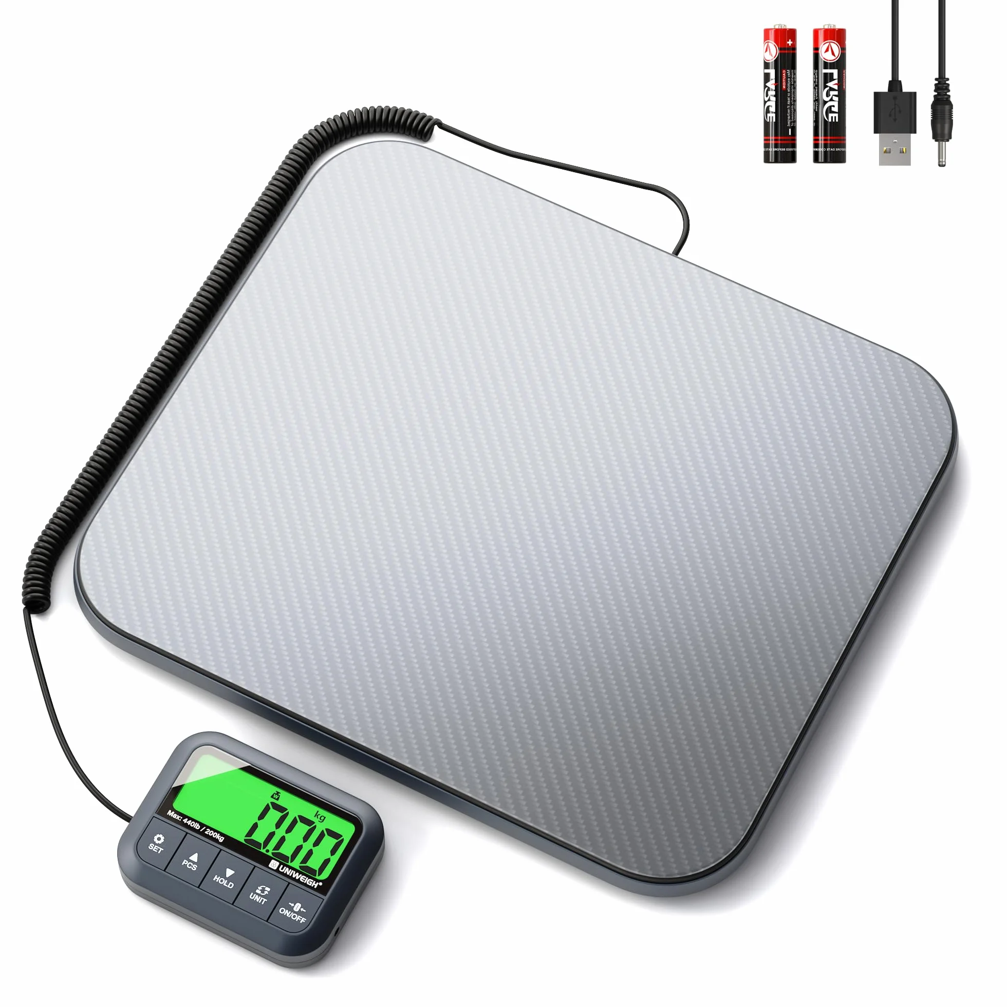UNIWEIGH Báscula postal digital de 440 libras, báscula de envío de alta precisión de 0.3 onzas para paquetes con retención/tara/conteo, báscula comercial para pequeñas empresas, báscula de envío para