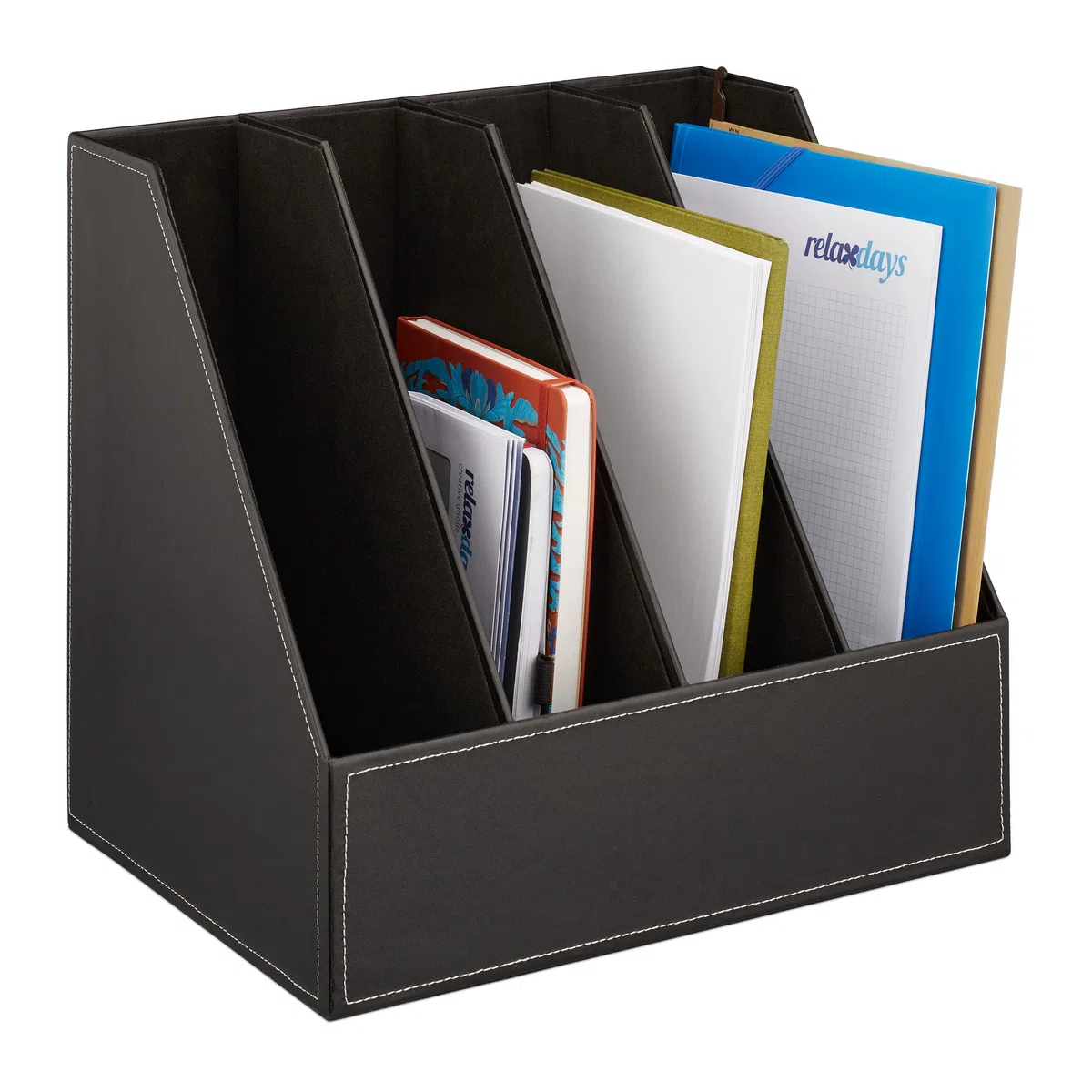 Relaxdays Colector de pie Archivador Piel Sintética, Organizador Carpetas, Revistero 4 Compartimentos, DIN A4 a C4, 35x36x26,5 cm, Negro, 35 x 18 x 26,5 cm