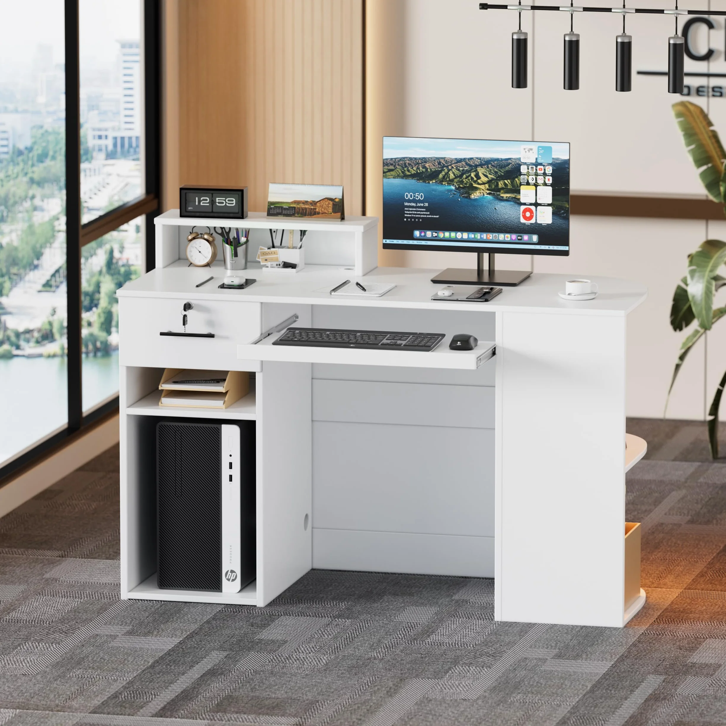 Mostrador de Recepción con LED, 120x102.5x48cm, Mostradores Recepcion Forma L con Cajón para Teclado | Cajón | Armario, Mostradores para Tiendas Escritorio de Recepción Moderno para Oficina, Salón