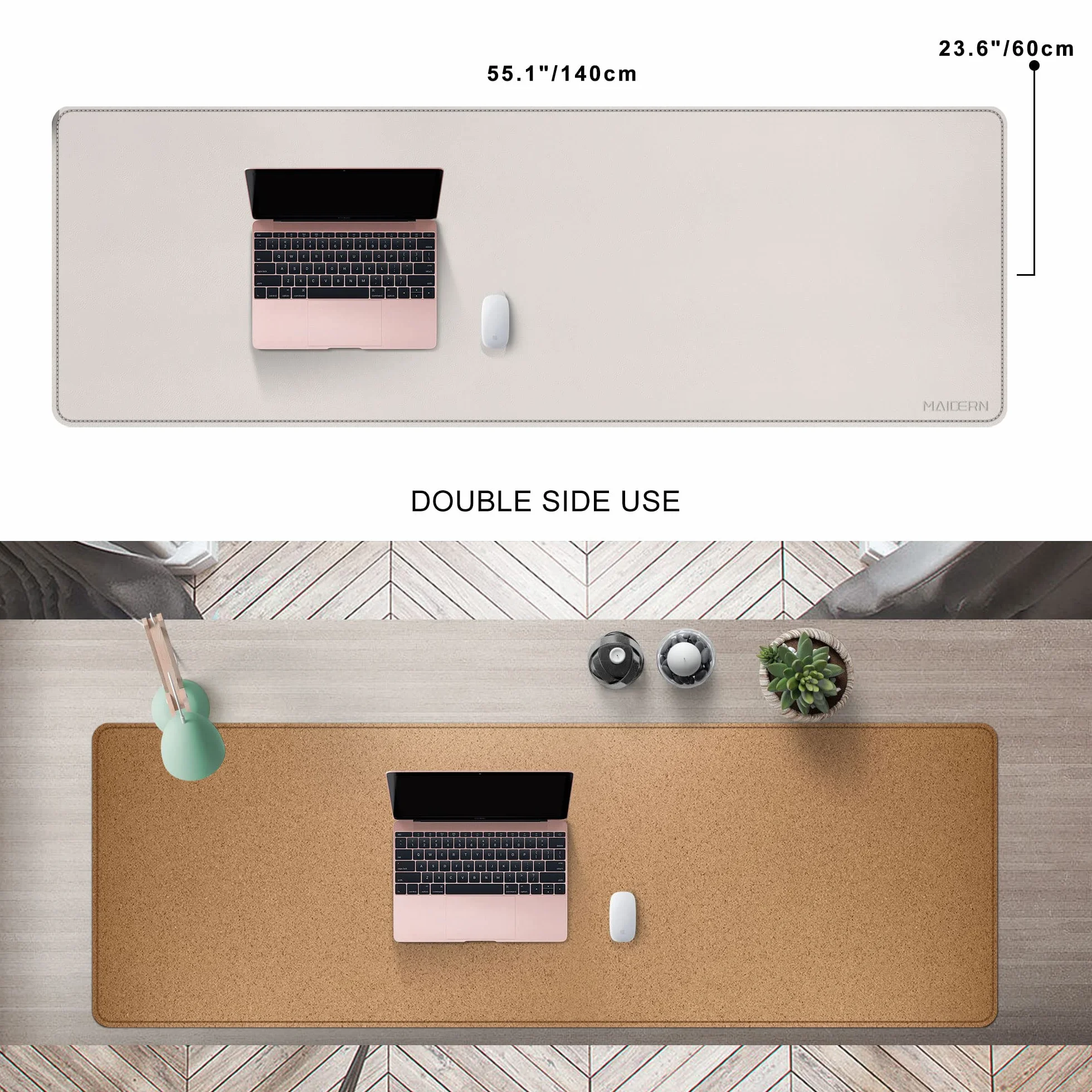 MAIDERN Alfombrilla de escritorio de corcho y piel de,140x60cm alfombrilla ratón, XXL alfombrilla de escritorio de doble cara, protector mesa escritorio para juegos en casa y oficina (Crema)
