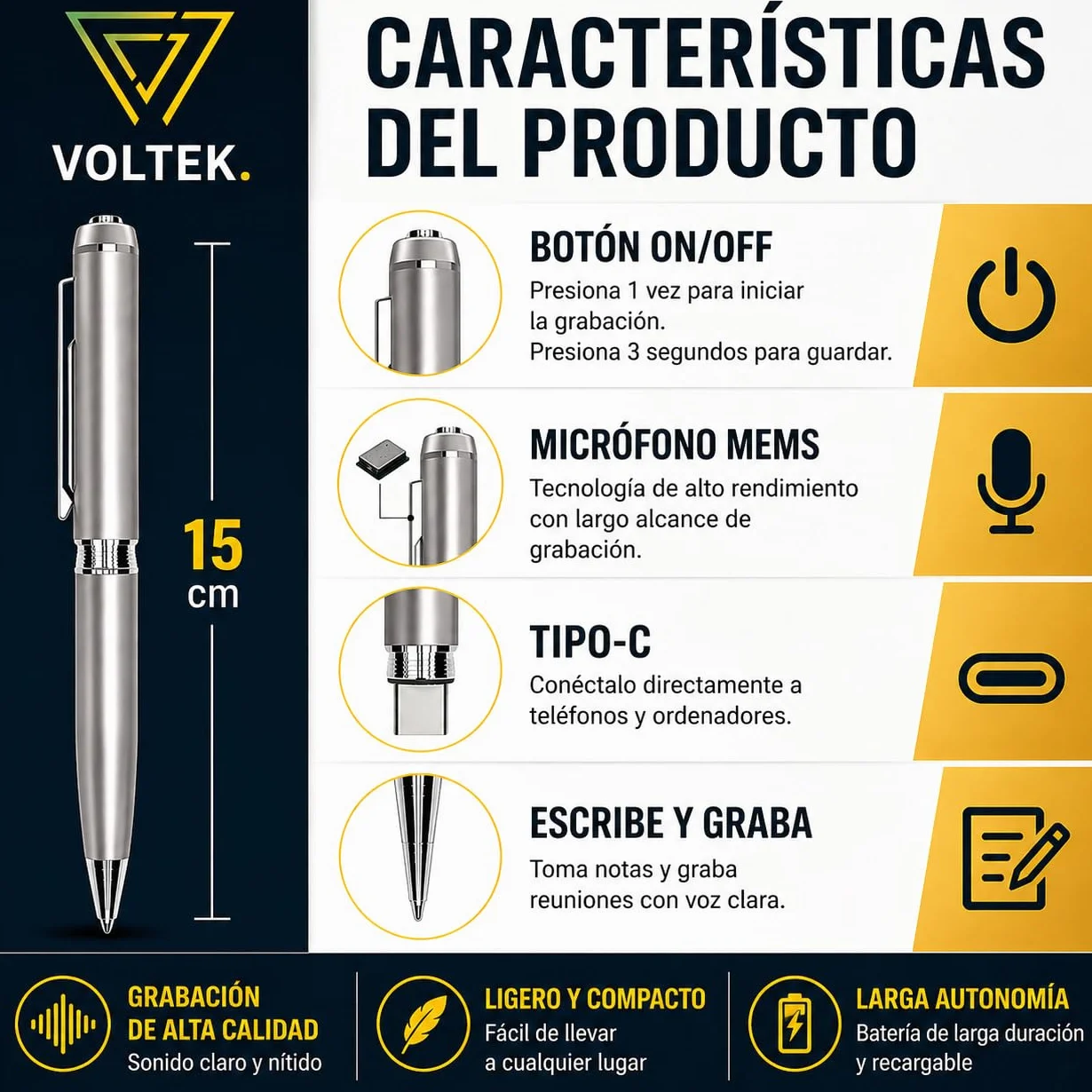 VOLTEK Pluma Grabadora de Audio 64GB - Mini Detector de Dictáfonos Vocal
