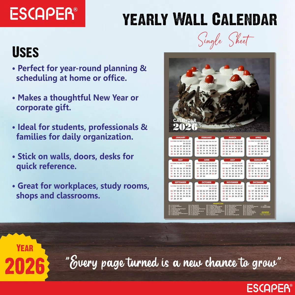 ESCAPER Calendario de pared 2026 con platos de comida, 45 x 30 cm, panadería, cafetería, pizza, comida rápida y cocina china, calendario de decoración de pared para el hogar, cocina y restaurante
