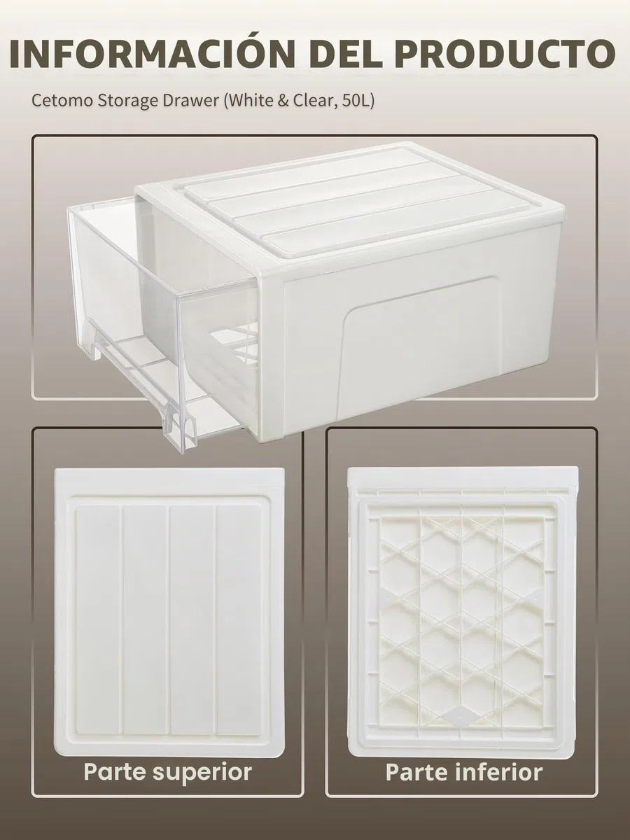 Cetomo 50L*3 Cajones de Almacenamiento de Plástico, Organizadores para Escritorio de Oficina, Caja de Almacenamiento, Torre Apilable para Cosméticos, Resistente, Blanco, Transparente, 50L-3 Unidades