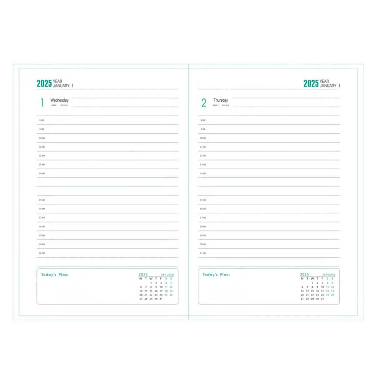 Agenda diaria 2025, cuaderno de tamaño A5, calendario semanal y mensual, una página por día, enero a diciembre de 2025, 365 páginas, organización de citas, diario anual, registro de recuerdos (verde)