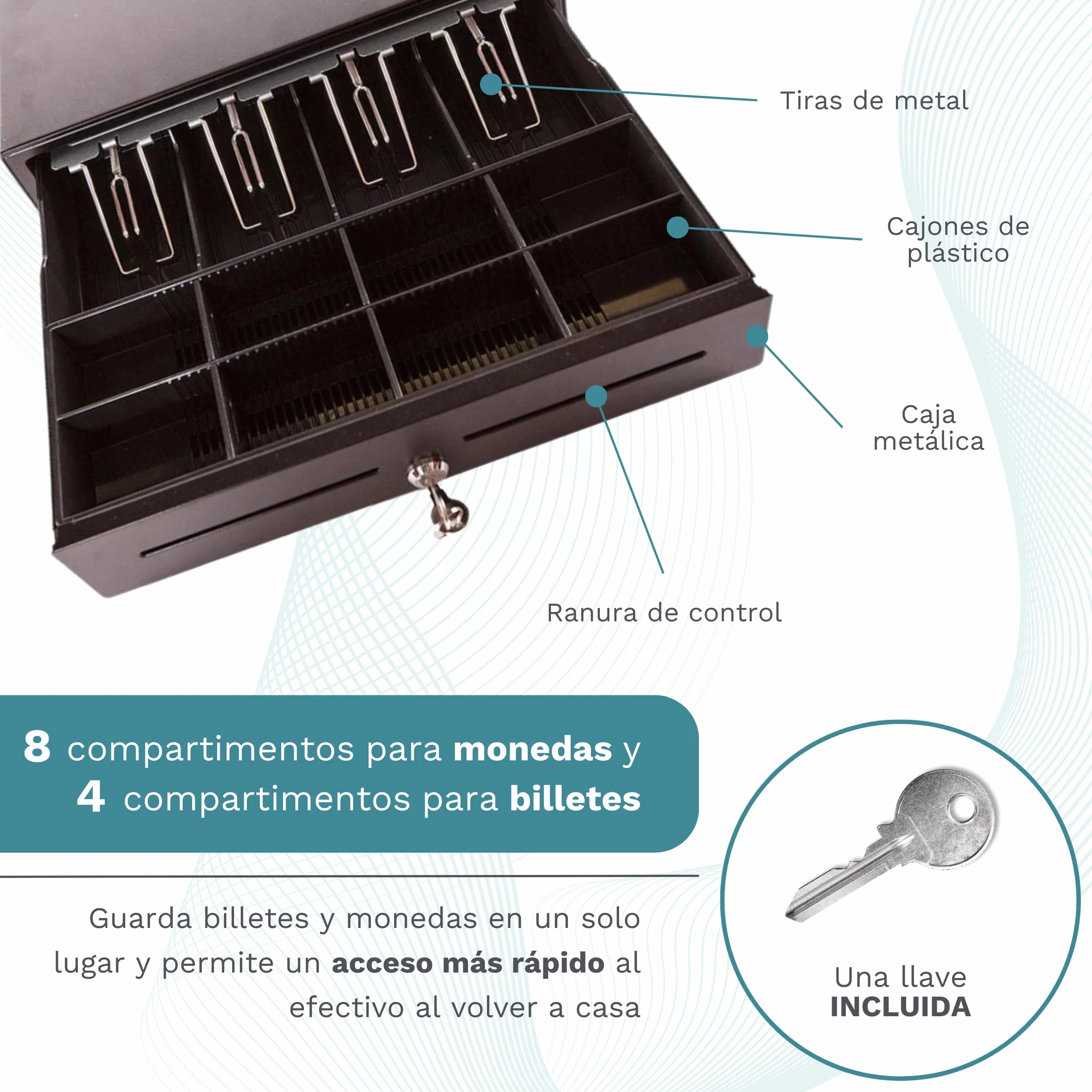 Cajón Portamonedas Caja Registradora Metálico 41x42x11cm Negro Apertura Automática RJ11 Manual con Llaves 4 Compartimentos Billetes 8 Monedas