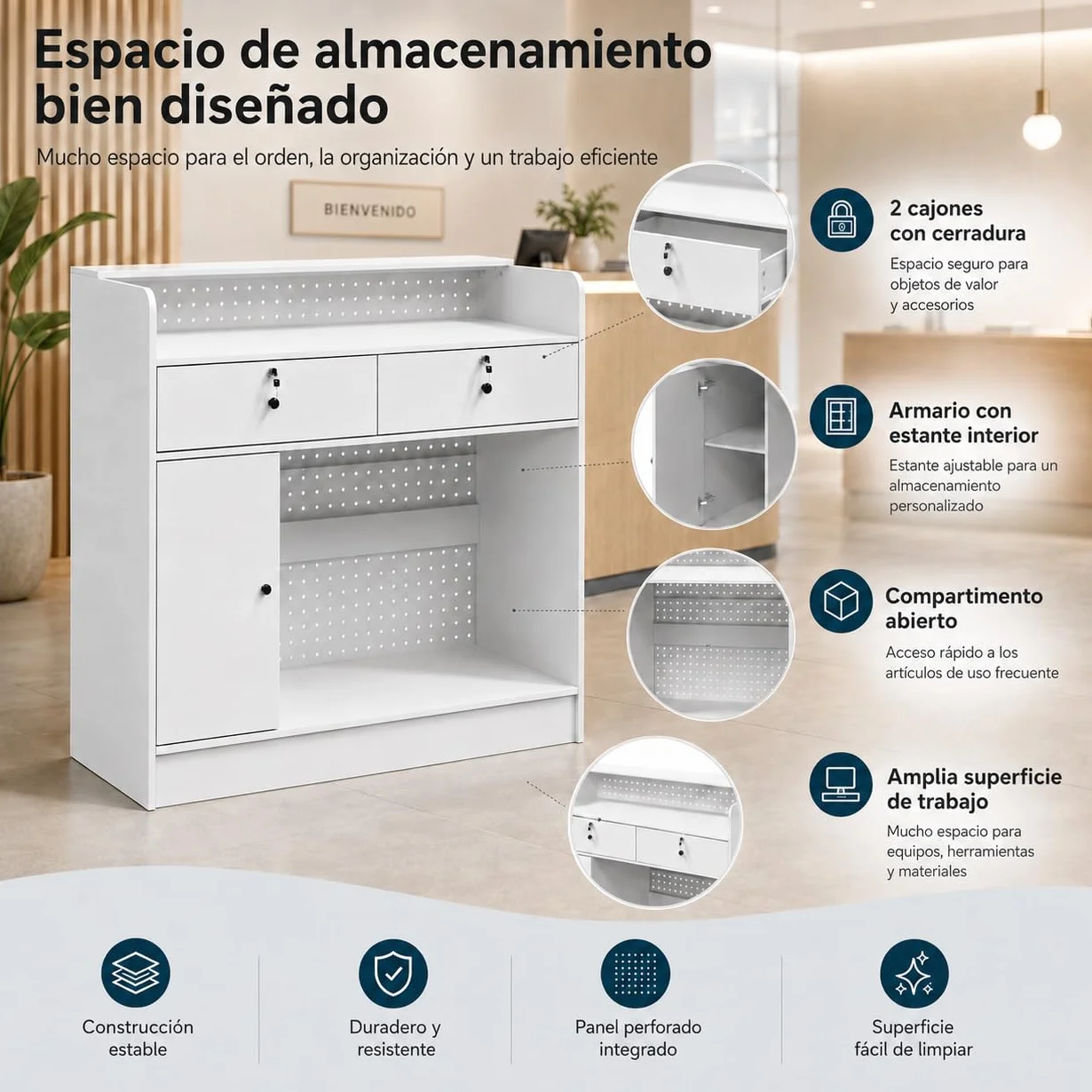 Mostrador de Recepción Blanco 120cm con Panel Perforado, Caja Registradora, 3 Estantes Ajustables, 2 Cajones con Llave, Puerta y Almacenaje, 120×110×50cm