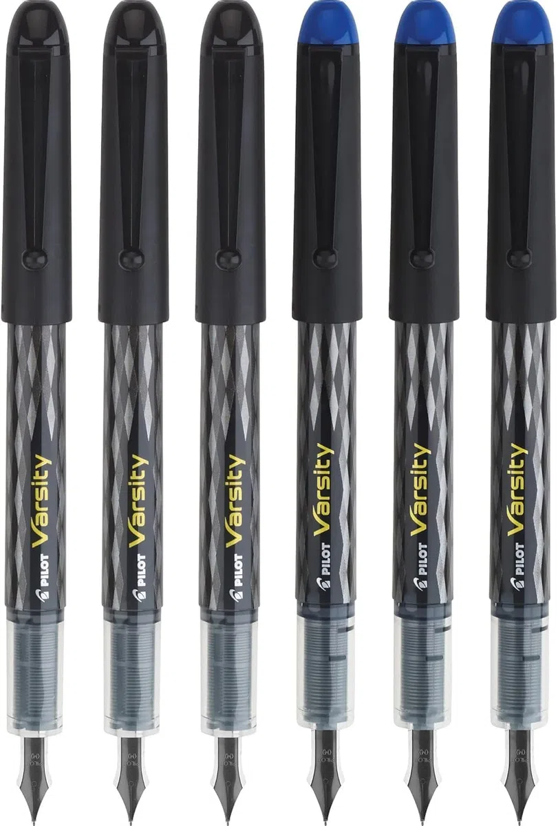 PILOT, Precise Varsity - Plumas estilográficas precargadas, punta media de 1 mm, punta de acero inoxidable, negro/azul, paquete de 6
