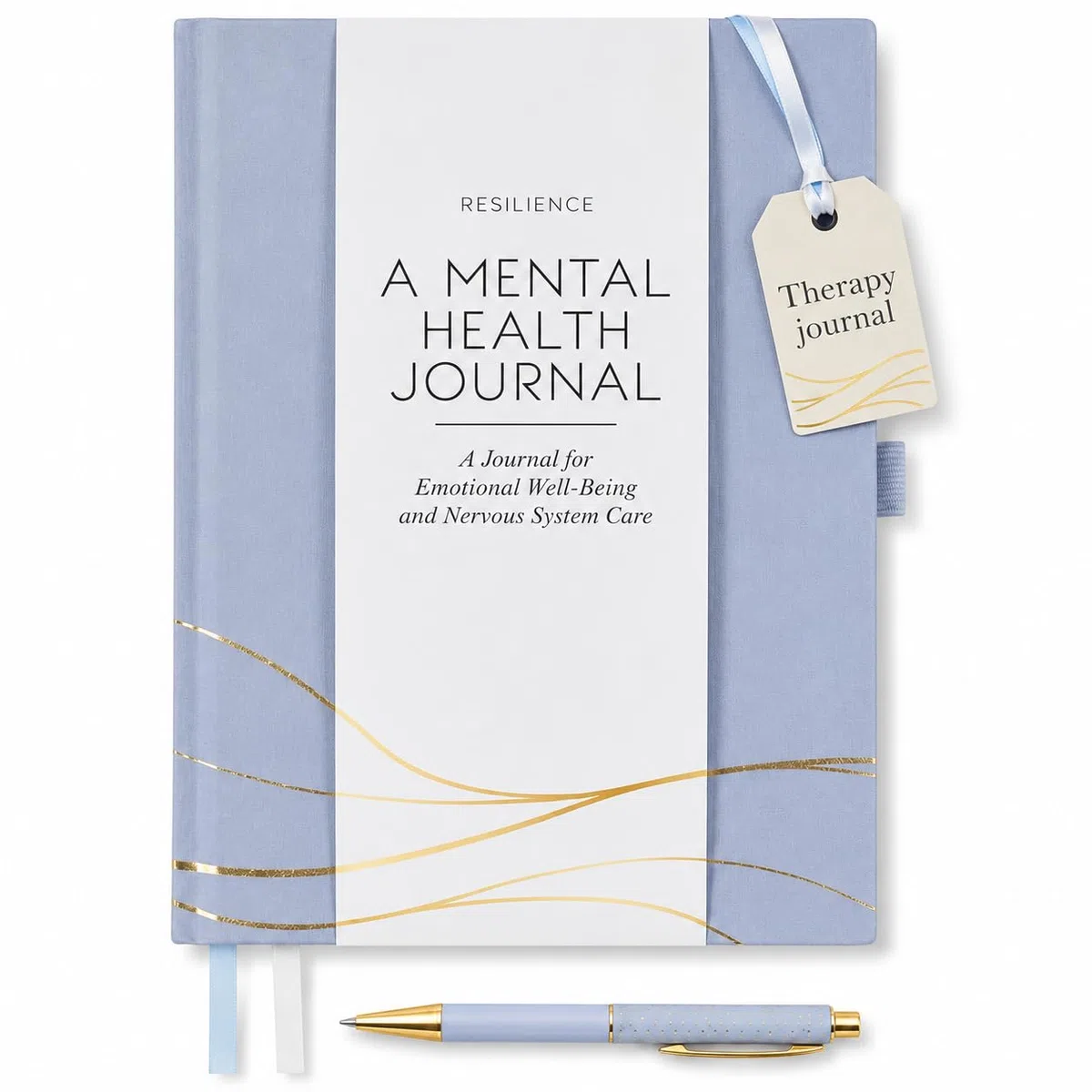 Diario de salud mental para alivio de la ansiedad, manejo del estrés y cuidado personal, indicaciones guiadas para la regulación del sistema nervioso, atención plena y crecimiento personal, azul y