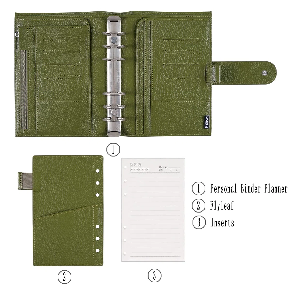 Moterm Personal Luxe Planificador de Anillas - Organizador Carpeta de Cuero Auténtico (Anilla 30mm, Verde Oliva Guijarro)