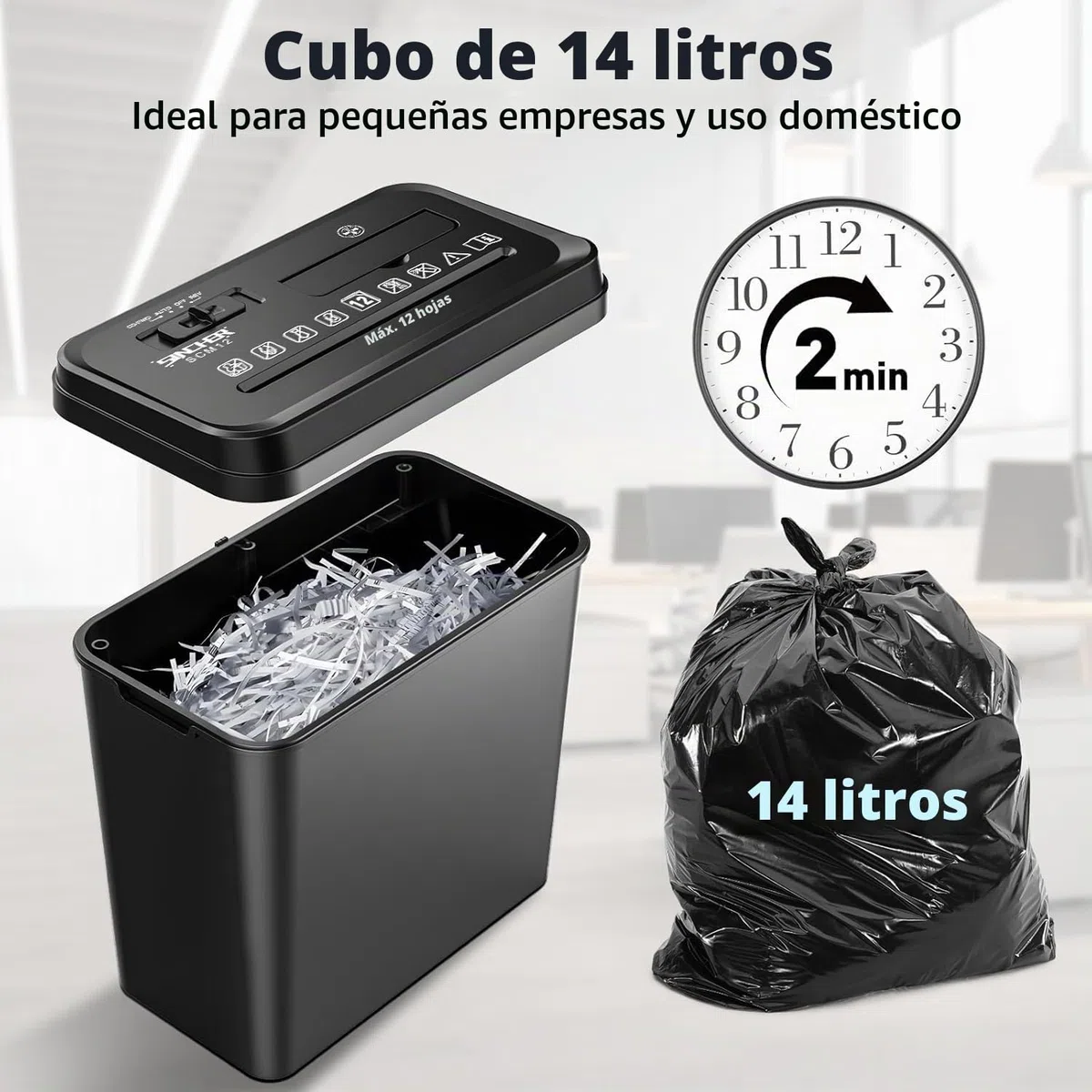 Destructor de Documentos, Corte en Tiras de 12 Hojas, Destructor de CD/Tarjetas de crédito, con protección contra sobrecalentamiento, Papelera de 14 l para Oficina en casa