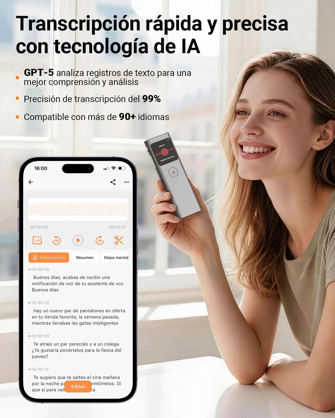 Grabadora de Voz IA 64 GB con Transcribe y Resume, Activada por Voz, Control de App, Reducción de Ruido Automática