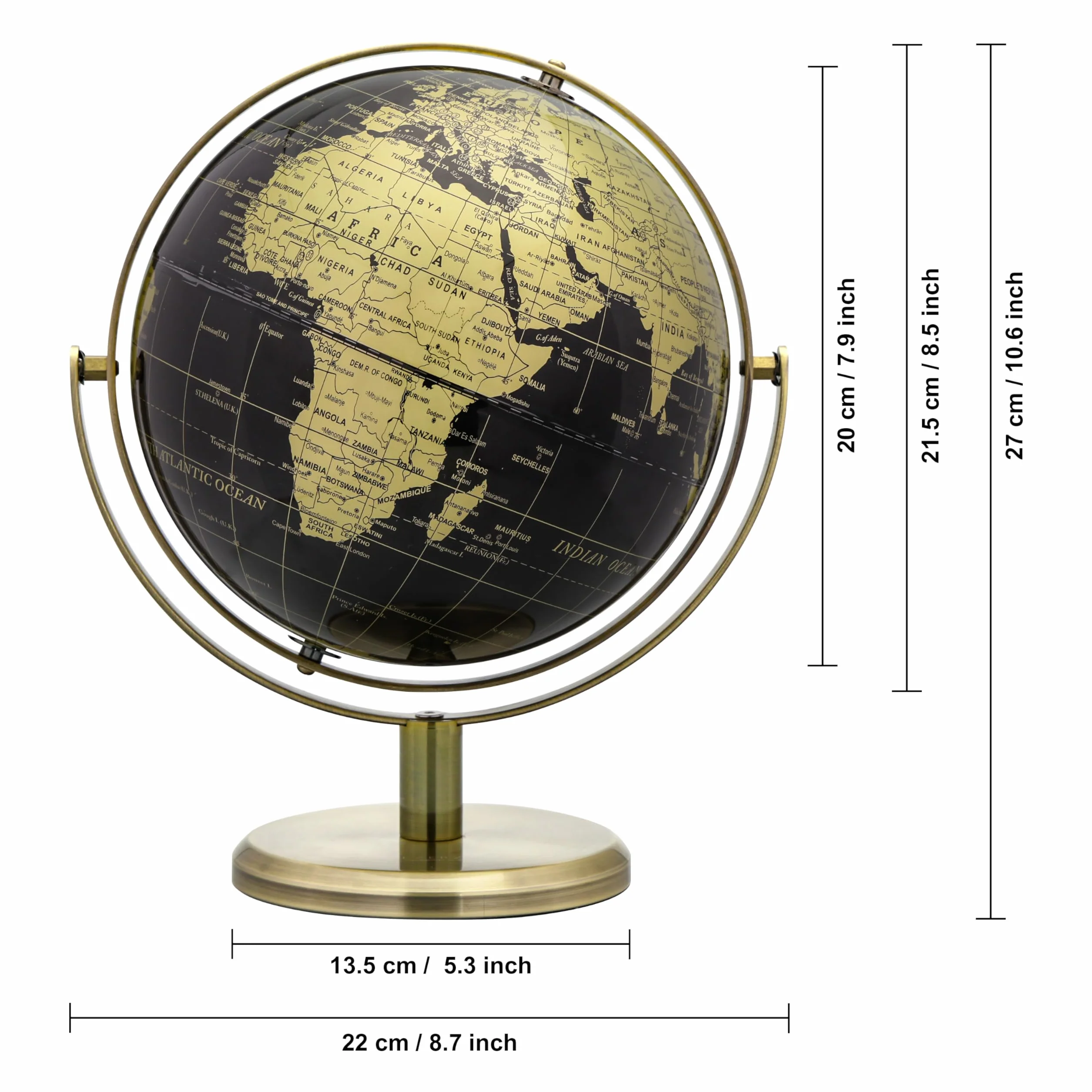 EXERZ Globo de 20 cm, color negro y dorado, rotación de 360 grados en todas las direcciones, World Globe Educational Geographic, arco y base de bronce, mapa inglés.