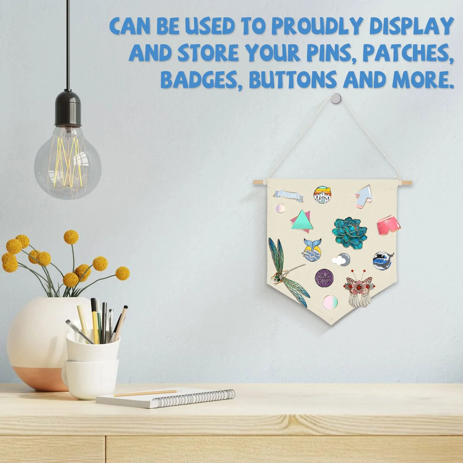 10 pancartas de lienzo de pared, lienzo blanco beige con clavija de madera, pin esmaltado para insignias, botones, colecciones de solapa