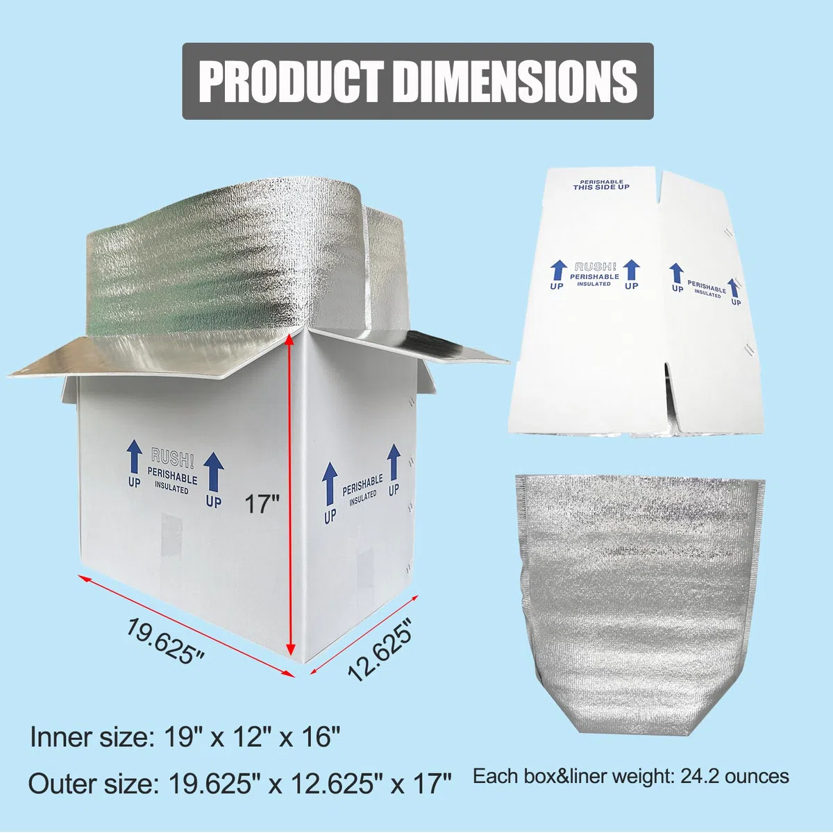 Cajas aisladas de 19 x 12 x 16 pulgadas para envío de alimentos congelados, paquete de 4 cajas de cartón de doble aislamiento con forro de aluminio aislado, embalaje perecedero reutilizable