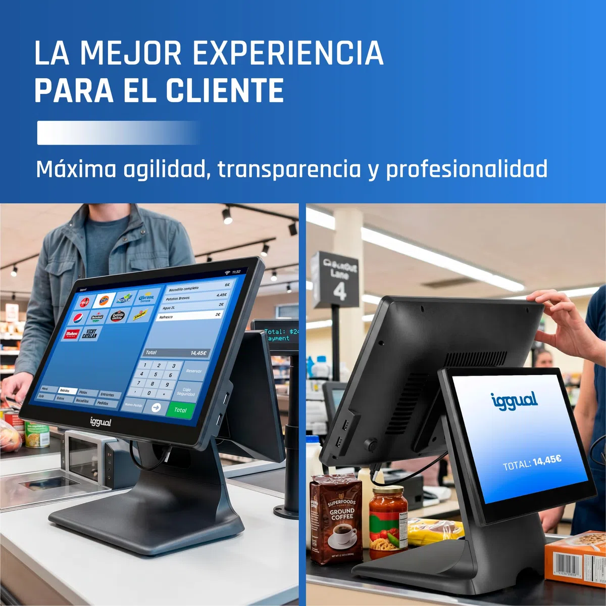 iggual TPV Dual Táctil 15,6”/11,6" Sistema Caja Registradora Completo con Doble Pantalla Windows 11 Pro WiFi 5 Ethernet Bluetooth 5.1 Procesador Intel N100 3,4 GHz Apto Verifactu