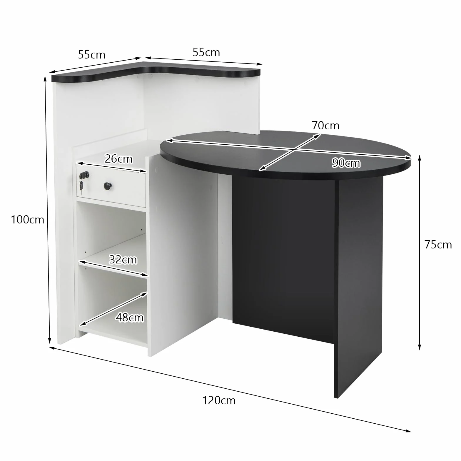 COSTWAY Escritorio de Recepción Ovalado con Cajón con Cerradura, Estante Ajustable, 120 x 70 x 100 cm, Negro