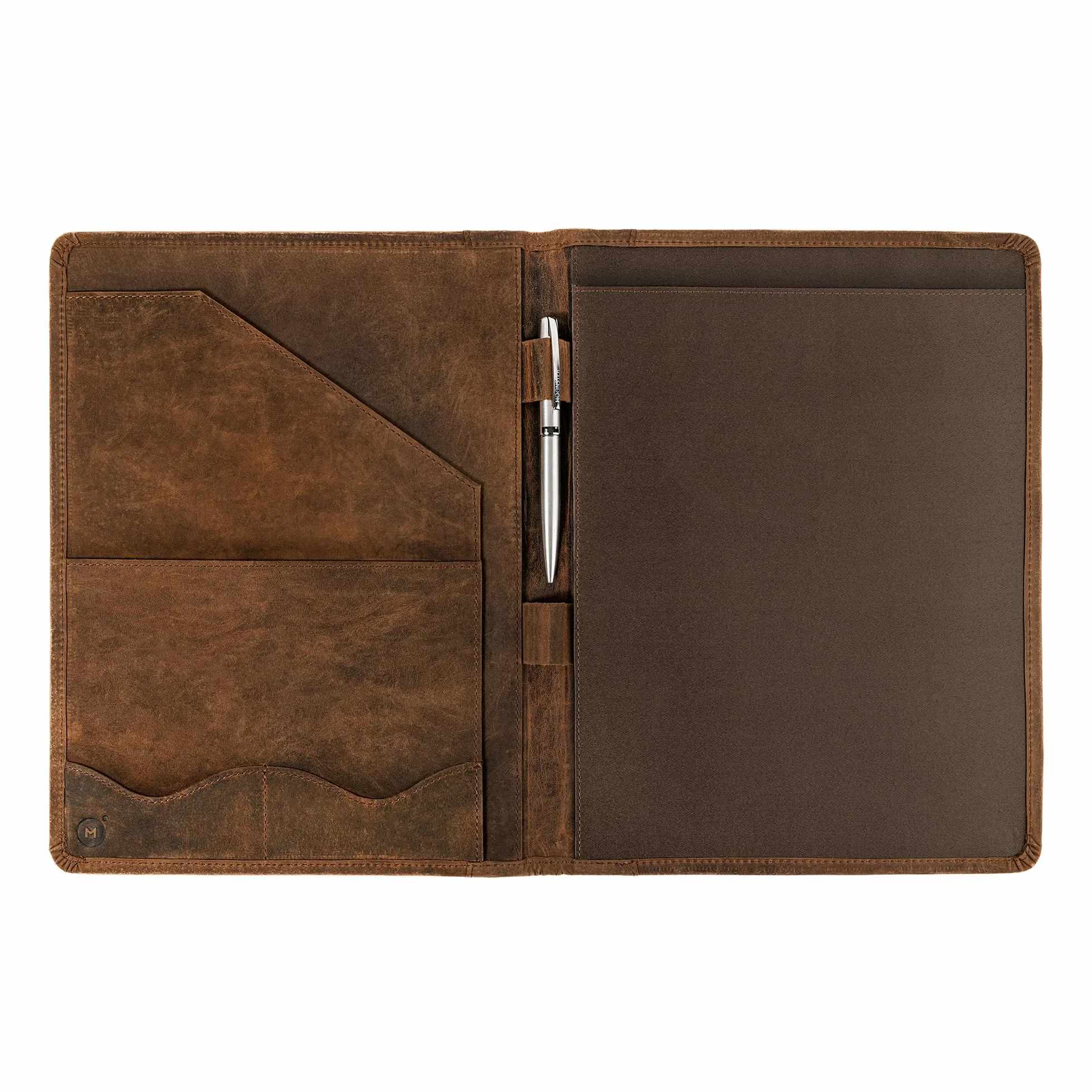 Moonster Portadocumentos de Cuero – Carpeta de Documentos A4 – Portafolio de Cuero con Lujoso Bolígrafo Bloc de Notas y Portatarjetas – Portadocumentos para Mujer y Hombre