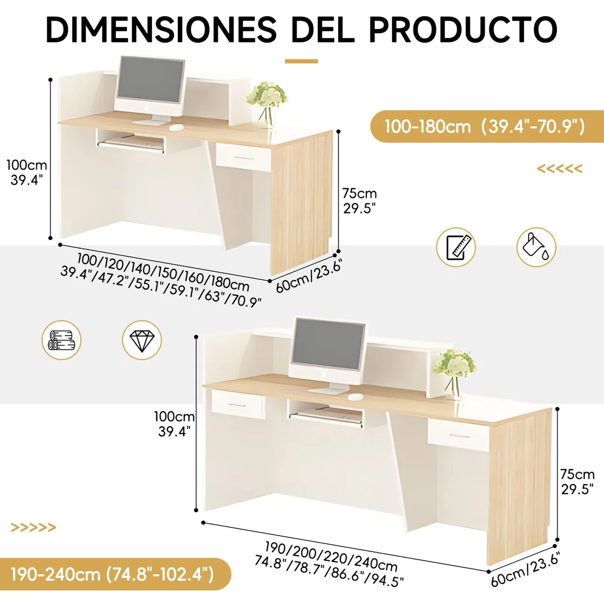 Mostrador Recepción Moderno de 100 A 240 cm con Cajón y Estantes Abiertos Mueble para Oficina Salón de Belleza Tienda o Área de Entrada