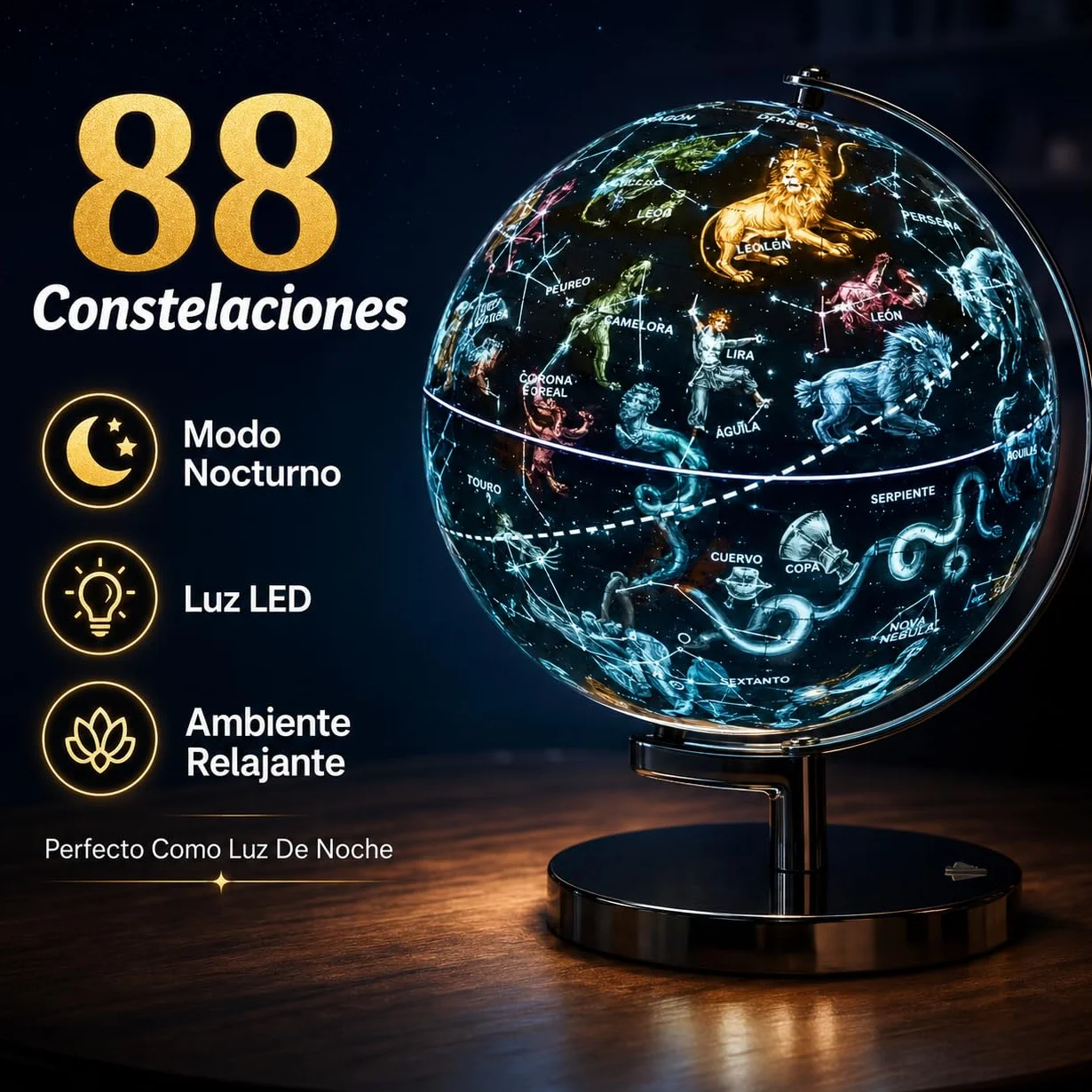 EXERZ Globo Terráqueo Iluminado 23 cm Mapa Español Y Constelaciones Lámpara LED Sin Cable Base Metálica Cromada Modo Día Noche