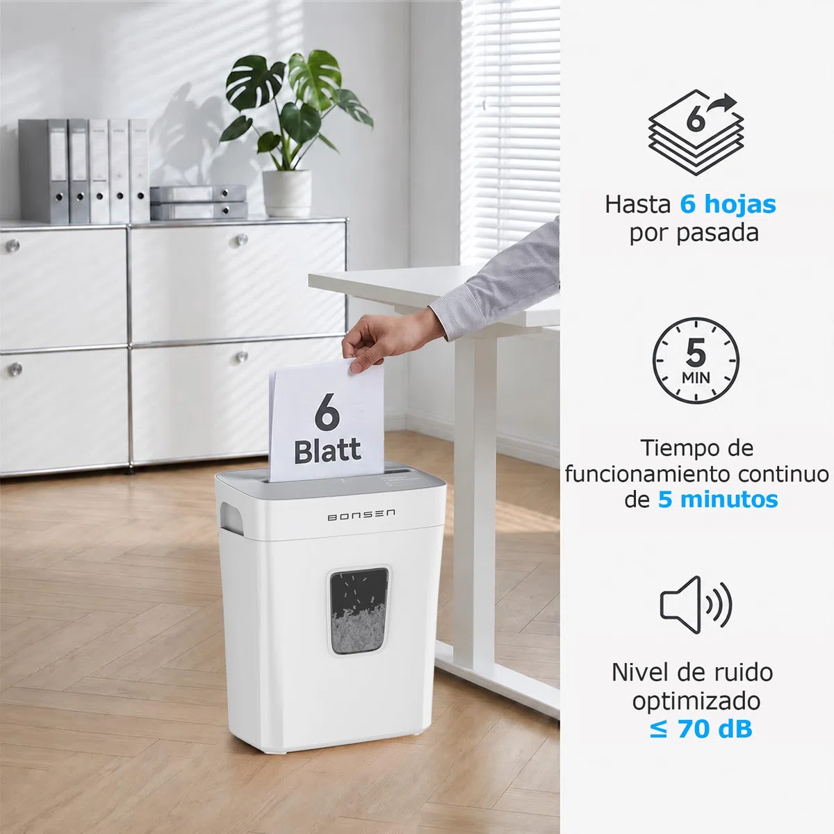 Destructora de Papel microcorte BONSEN P-4 de 6 Hojas, con Papelera de 16L | Destructora de papel y tarjetas de crédito con protección contra sobrecalentamiento, ideal para el hogar y la oficina S5201-W