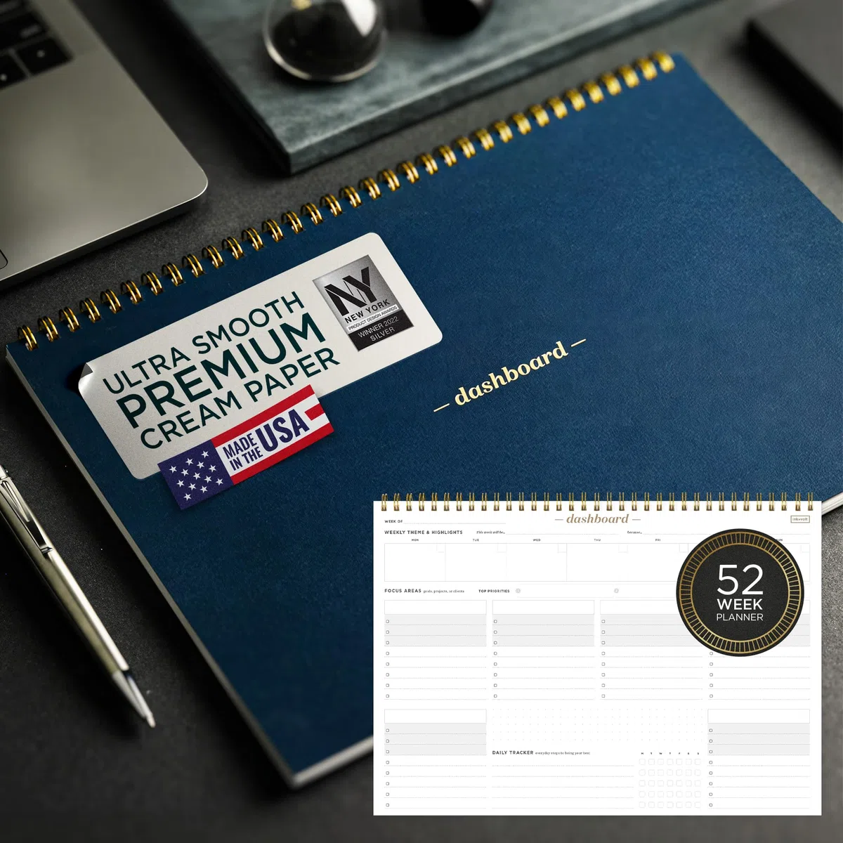 Ink+Volt Bloc de escritorio en espiral para tablero | Bloc de notas semanal sin fecha con 52 hojas sin fecha, planificador de productividad premium, lista semanal minimalista de tareas para trabajo y