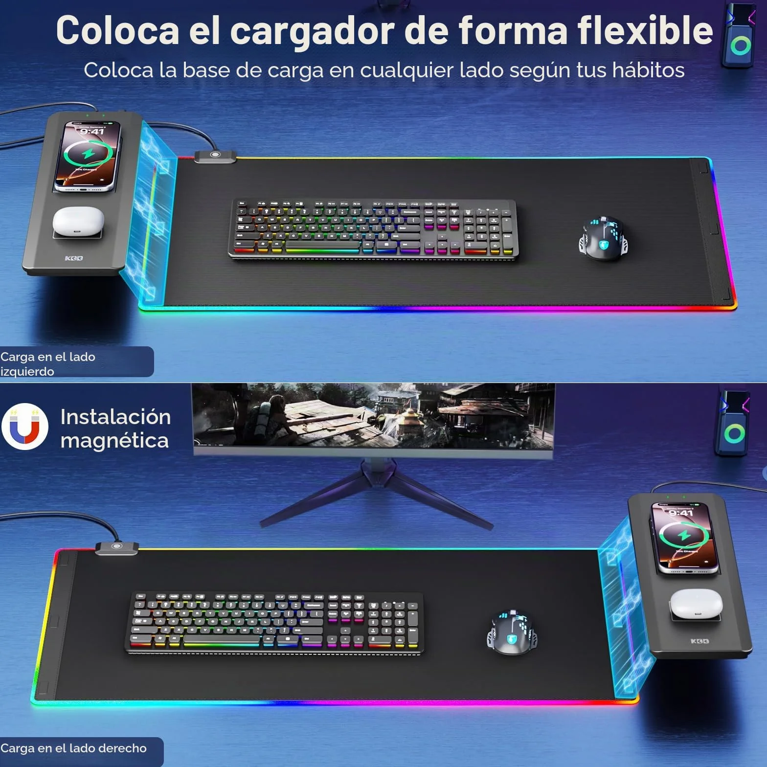 KDD LED Alfombrilla Ratón Gaming con 15W Carga Inalámbrica, Tapete Escritorio con Soporte Móvil Plegable, Mouse Pad XXL Antideslizante para Juegos Accesorios Gaming PC Auriculares Reloj (70x33cm)