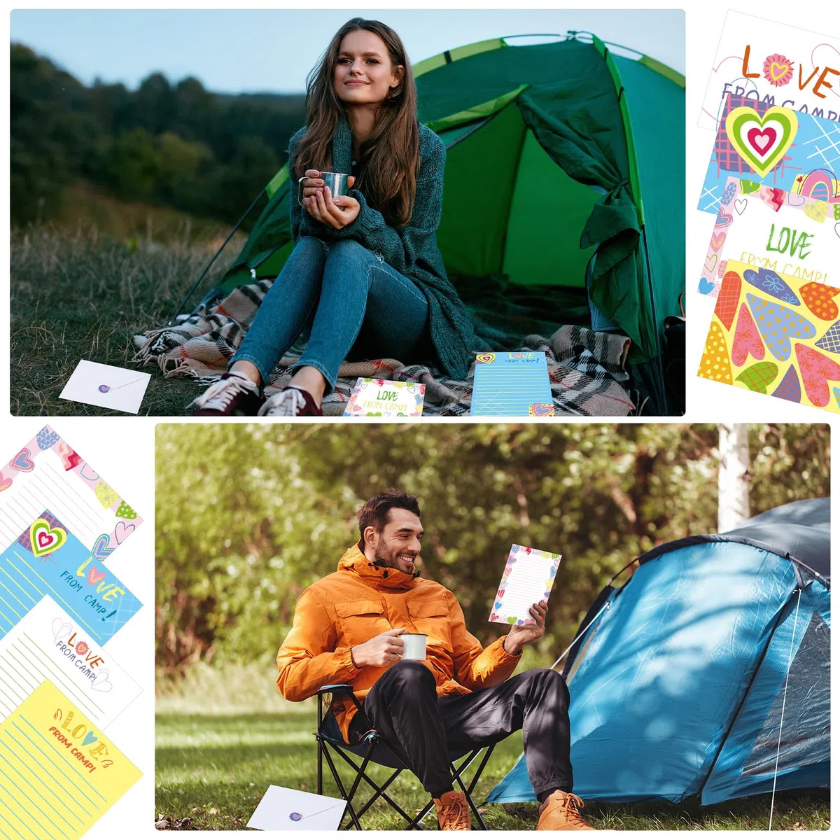 Motipuns El juego de 61 piezas de papelería de corazones de campamento incluye 20 hojas de notas con líneas, 20 sobres, 20 calcomanías y un bolígrafo para fiestas de cumpleaños, campamento,