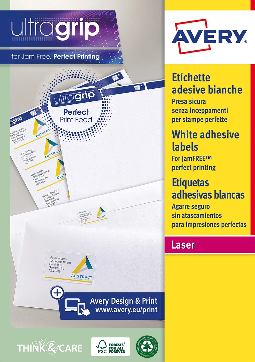 Avery España L7159-100-Etiquetas adhesivas blancas ideales para para envios paquetes, imprimibles, medida 63.5x33.9mm, Caja de 2400
