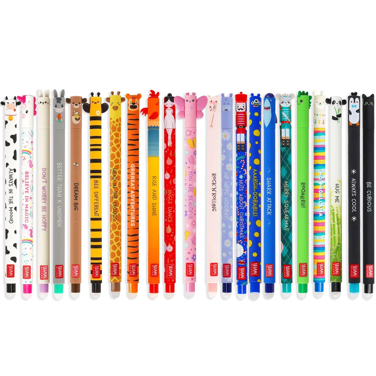 LEGAMI Juego de 22 bolígrafos de gel borrables con tinta de borrado termosensible, multicolor, punta de 0,7 mm, diseños de animales