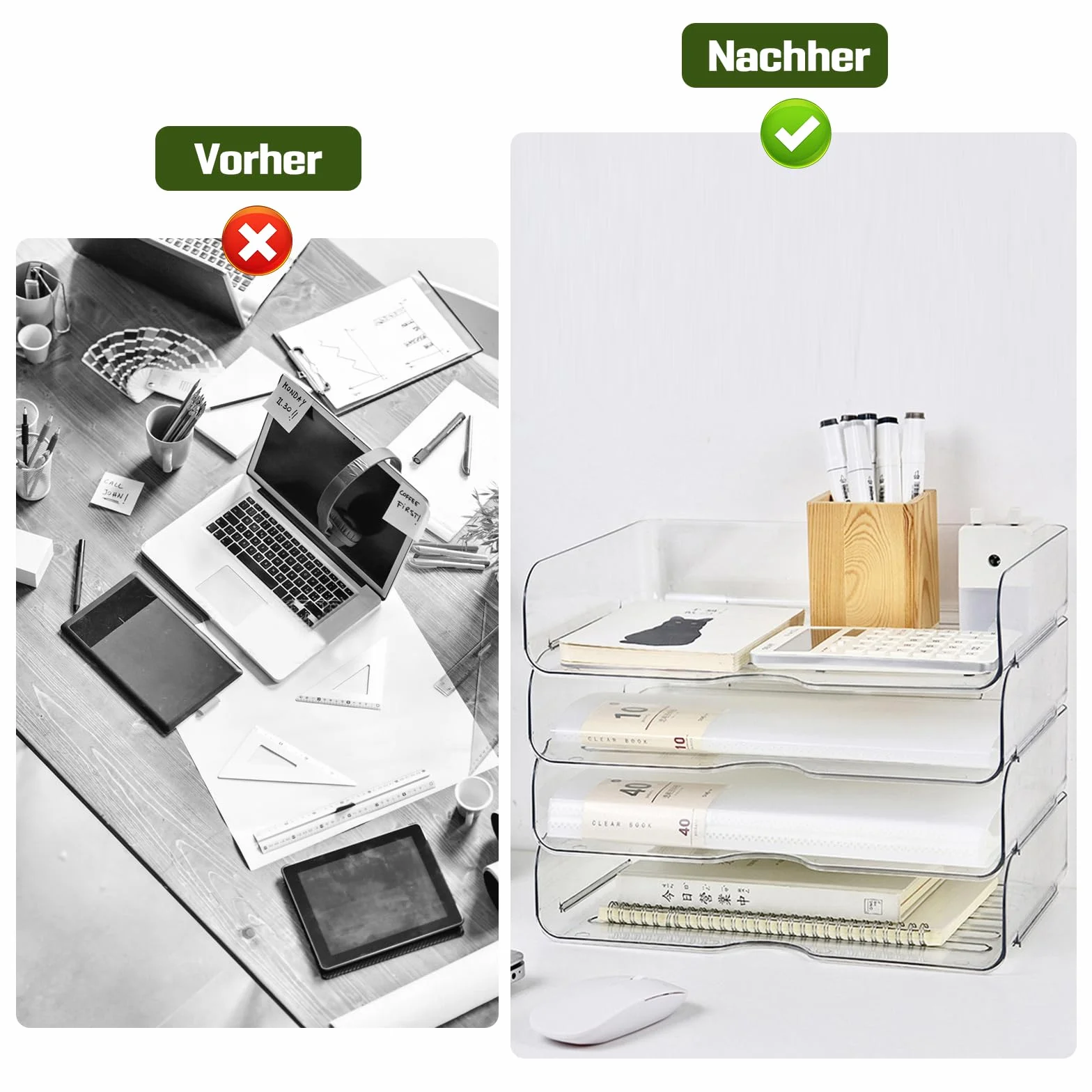 Bandeja para cartas de 4 pisos, transparente, de acrílico, apilable, para A4, robusta y apilable, bandeja para documentos de plástico PET, para casa, oficina, escuela, 33 x 25 x 7 cm